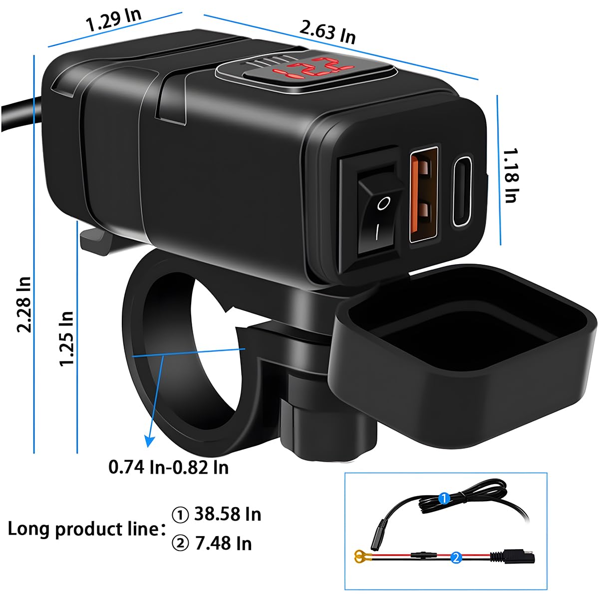 Waterproof Motorcycle USB Phone Charger with Voltmeter & ON/Off Switch - Dual QC 3.0 Fast Charging SAE to USB Adapter for Phone, Tablet, GPS - Ideal for Harley, Honda, Yamaha & Adventure Riding (Red)
