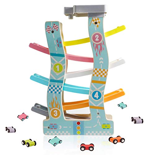 Xyanzi Wooden Race Track Car Toy Set for Kids - 6 Car Ramps, Parking Garage & 8 Wooden Vehicles - Early Development Learning Toy for Toddlers | Perfect for Birthday Gifts & Indoor Playtime