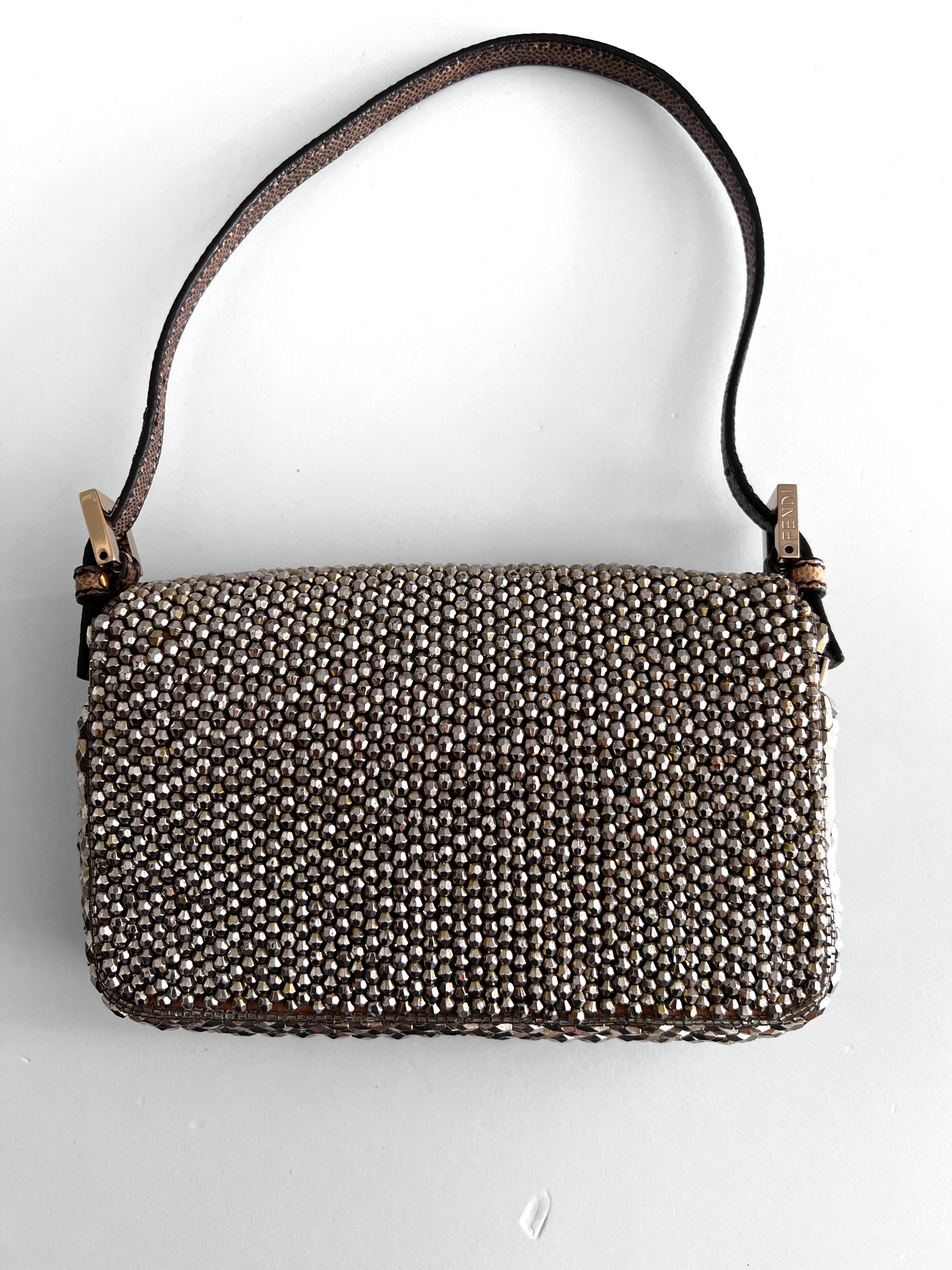 Fendi Silver Beaded Mini Baguette Bag - Luxury Crossbody Purse for Women | Perfect for Parties, Weddings & Evening Events