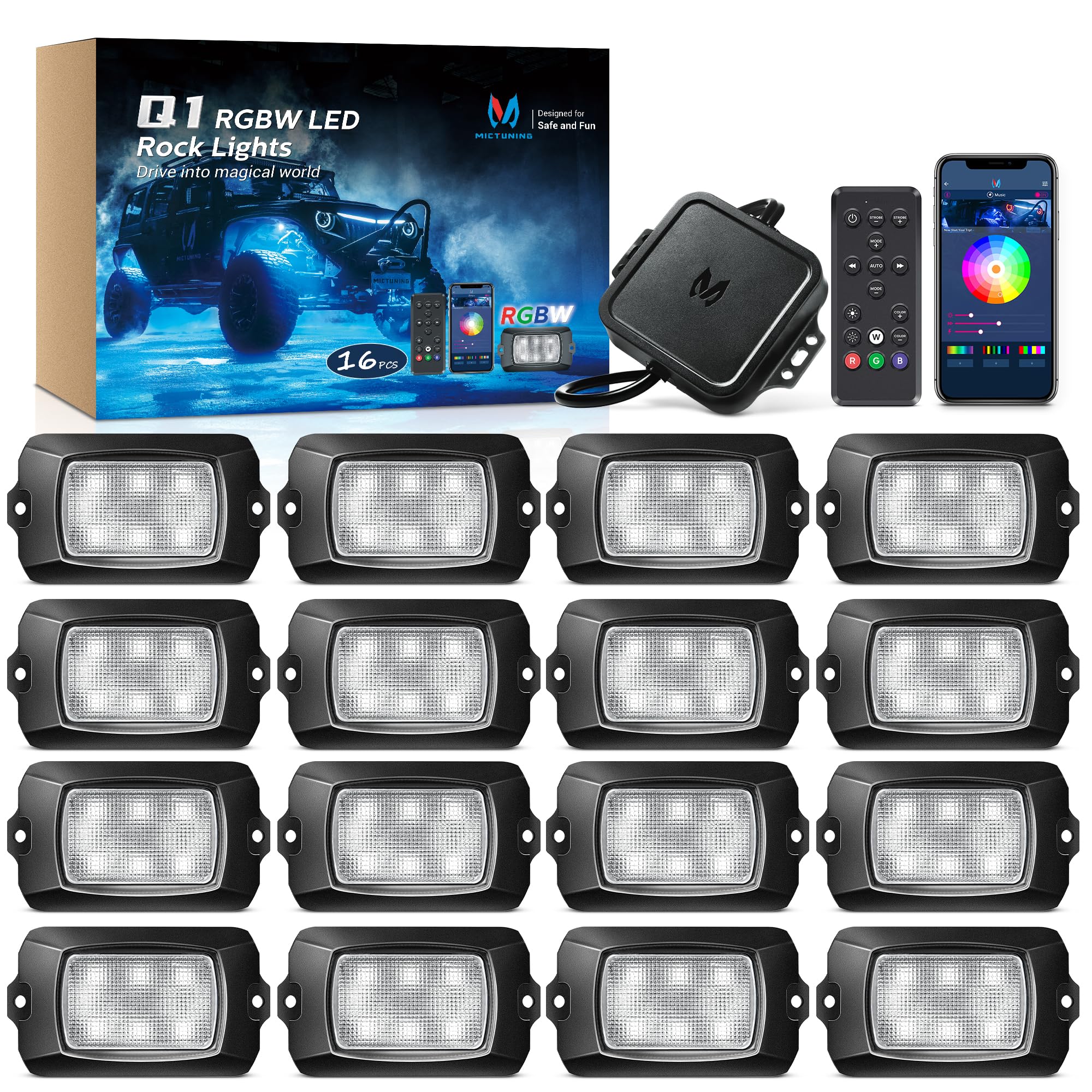 MICTUNING Q1 RGBW LED Rock Lights - 16 Pods Underglow Neon Multicolor Lighting Kit with Bluetooth & Remote Control for Trucks, Cars, ATV, UTV, Golf Cart | Off-Road, Car Shows, Night Driving, Vehicle Customization