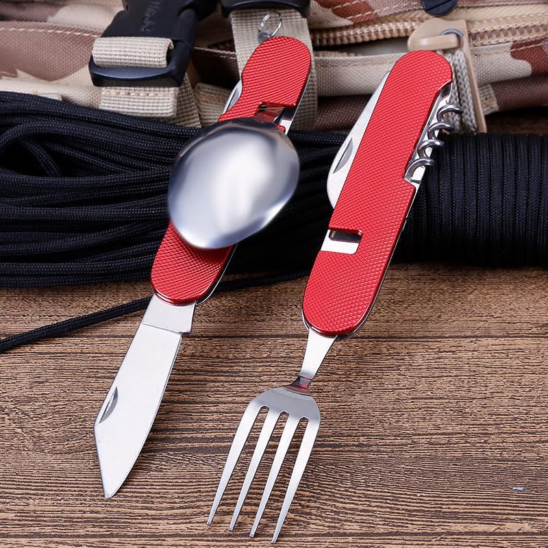Kuber Industries 4-in-1 Camping Utensil Set - Folding Knife, Fork, Spoon & Bottle Opener | Compact Multi-Tool for Hiking, Backpacking & Outdoor Adventures | Portable Cutlery Set in Red