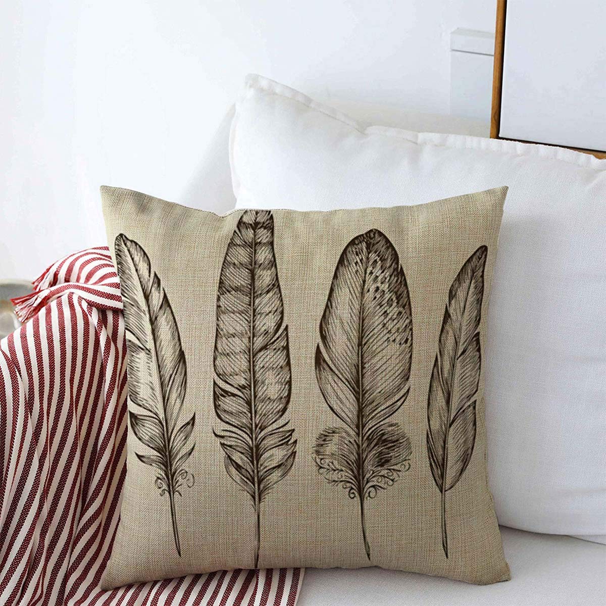 Vintage Bird Feathers Sketch Pillow Cover 16x16 Inches - Falcon Grouse Outline Artistic Design, Farmhouse Decorative Throw Pillow Case for Bed, Couch, Sofa - Perfect for Living Room, Bedroom & Home Decor
