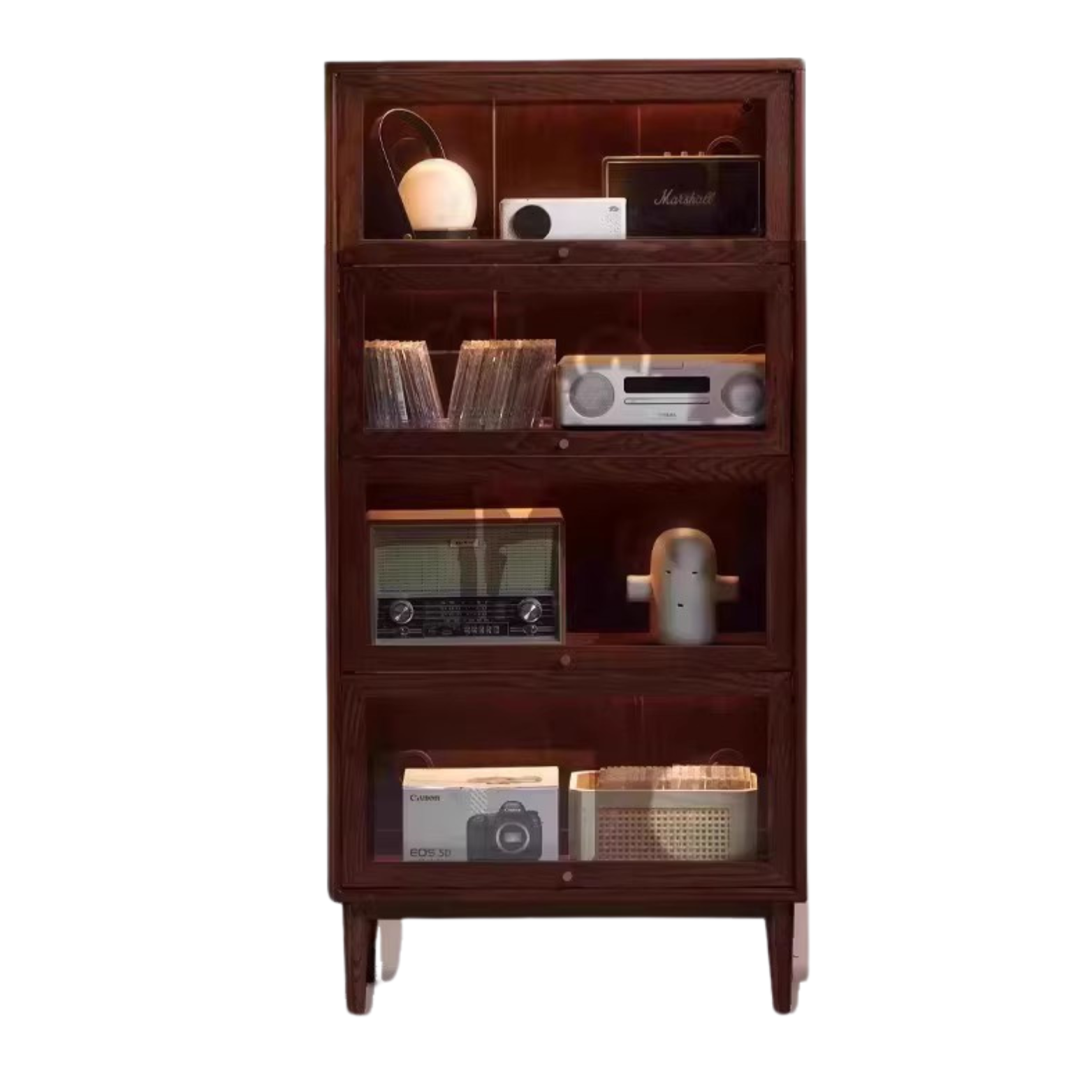 Solid Black Walnut & Oak Wood Glass Flip Door Bookcase - Modern Side Cabinet for Living Room, Office & Bedroom Storage