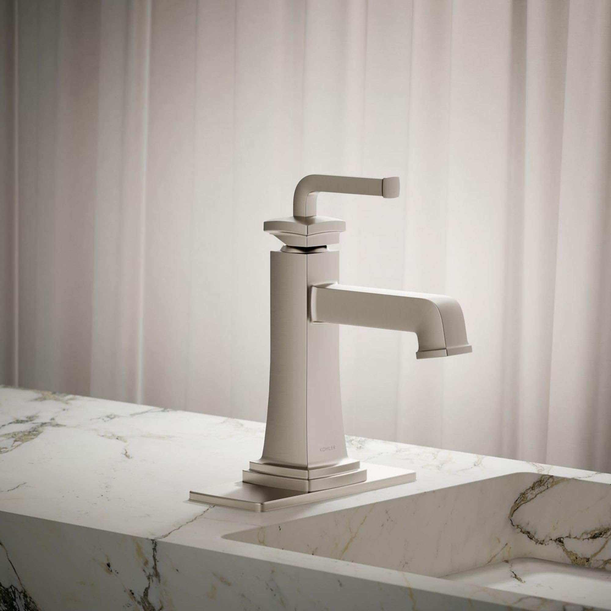 Riff Single-Handle Bathroom Sink Faucet - Modern Waterfall Spout Design for Bathroom Vanity, Powder Room & Guest Bath (Brushed Nickel Finish) - Perfect for Home Renovation & Hotel Upgrades