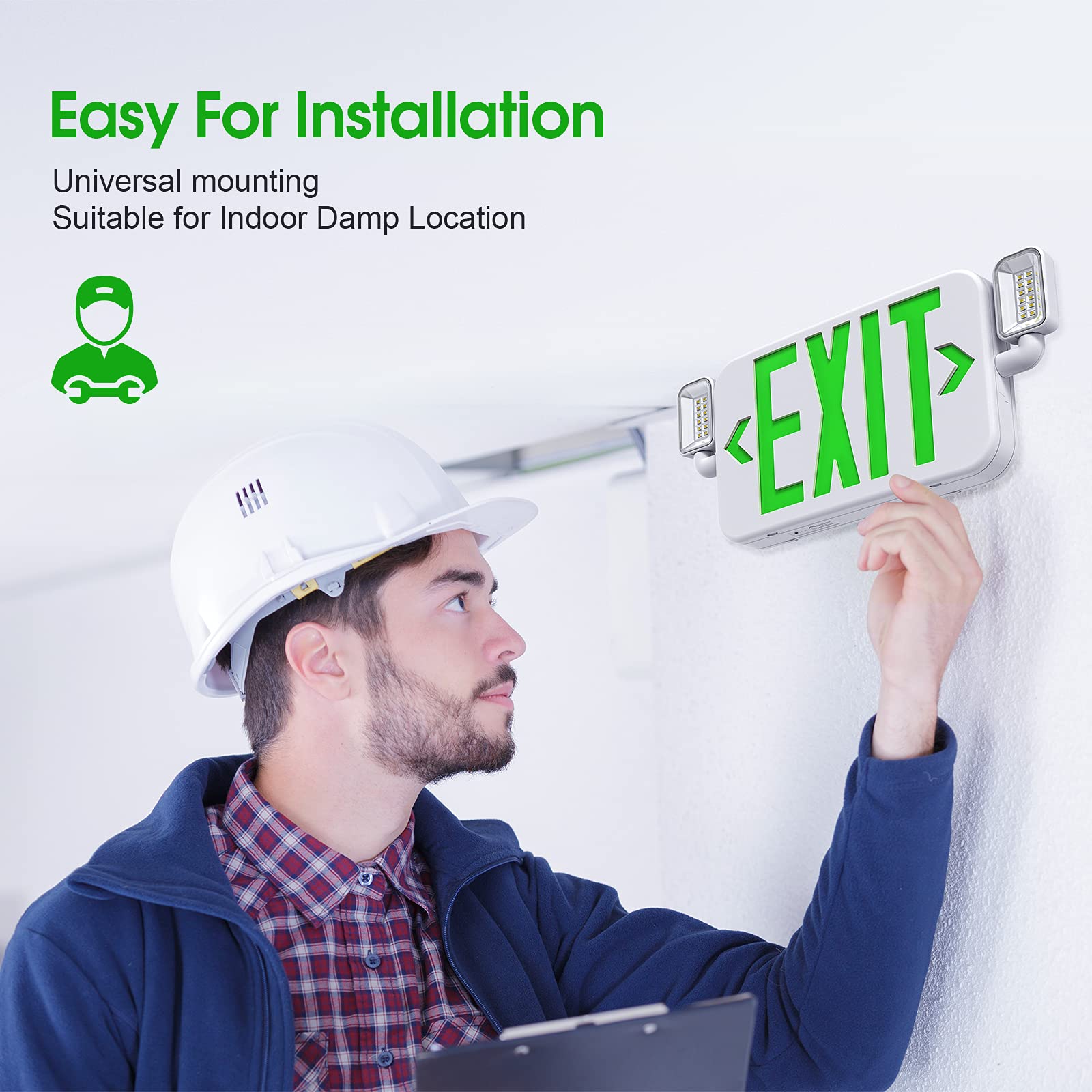 UL 924 Certified LED Emergency Exit Sign Light with Adjustable Heads & Backup Battery - 120/277V Green Commercial Exit Lighting (4-Pack) - Ideal for Offices, Warehouses, Schools and Public Buildings Safety Compliance