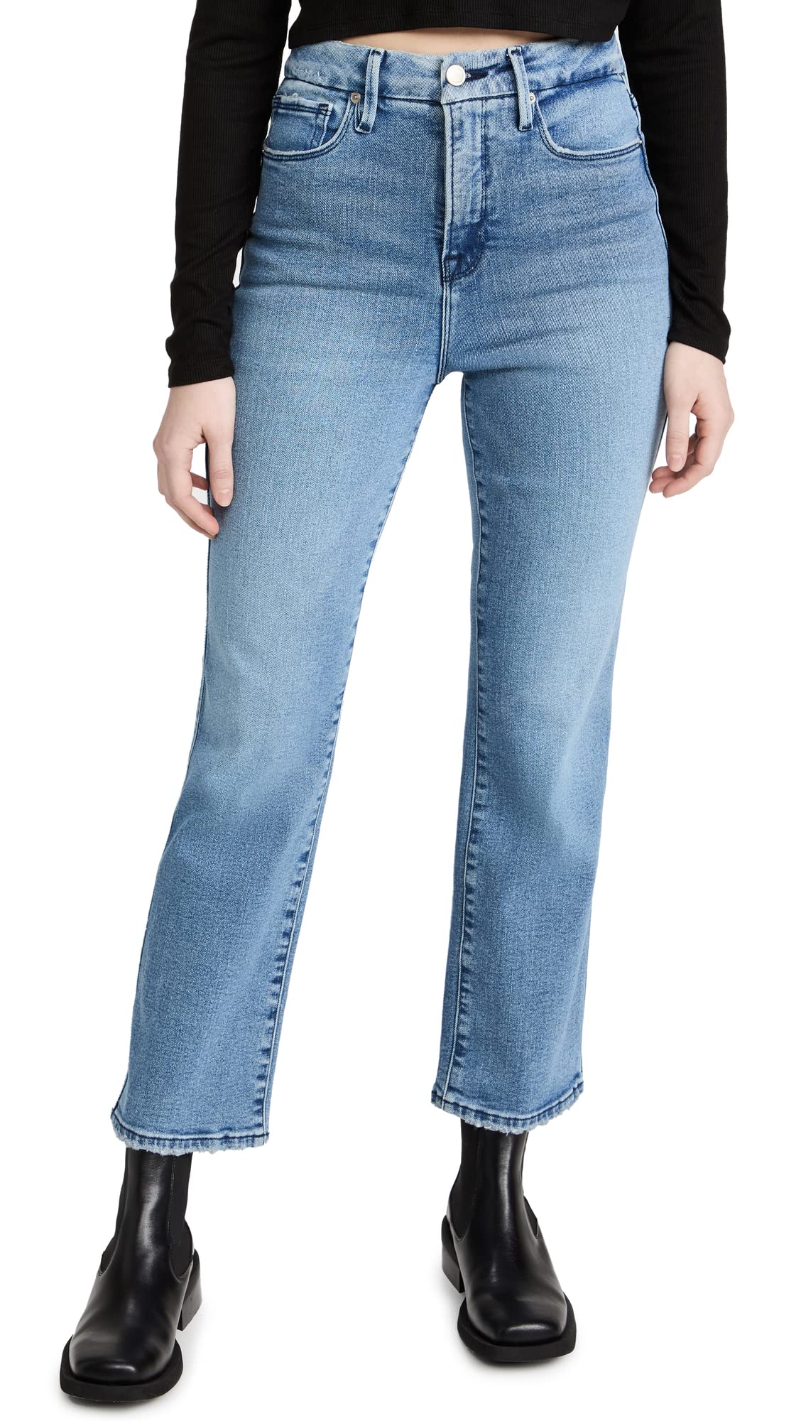 Good American Women's Good Curve Straight Jeans - High Waist Slim Fit Denim Pants for Everyday Casual Wear | Office, Dating & Weekend Outfits