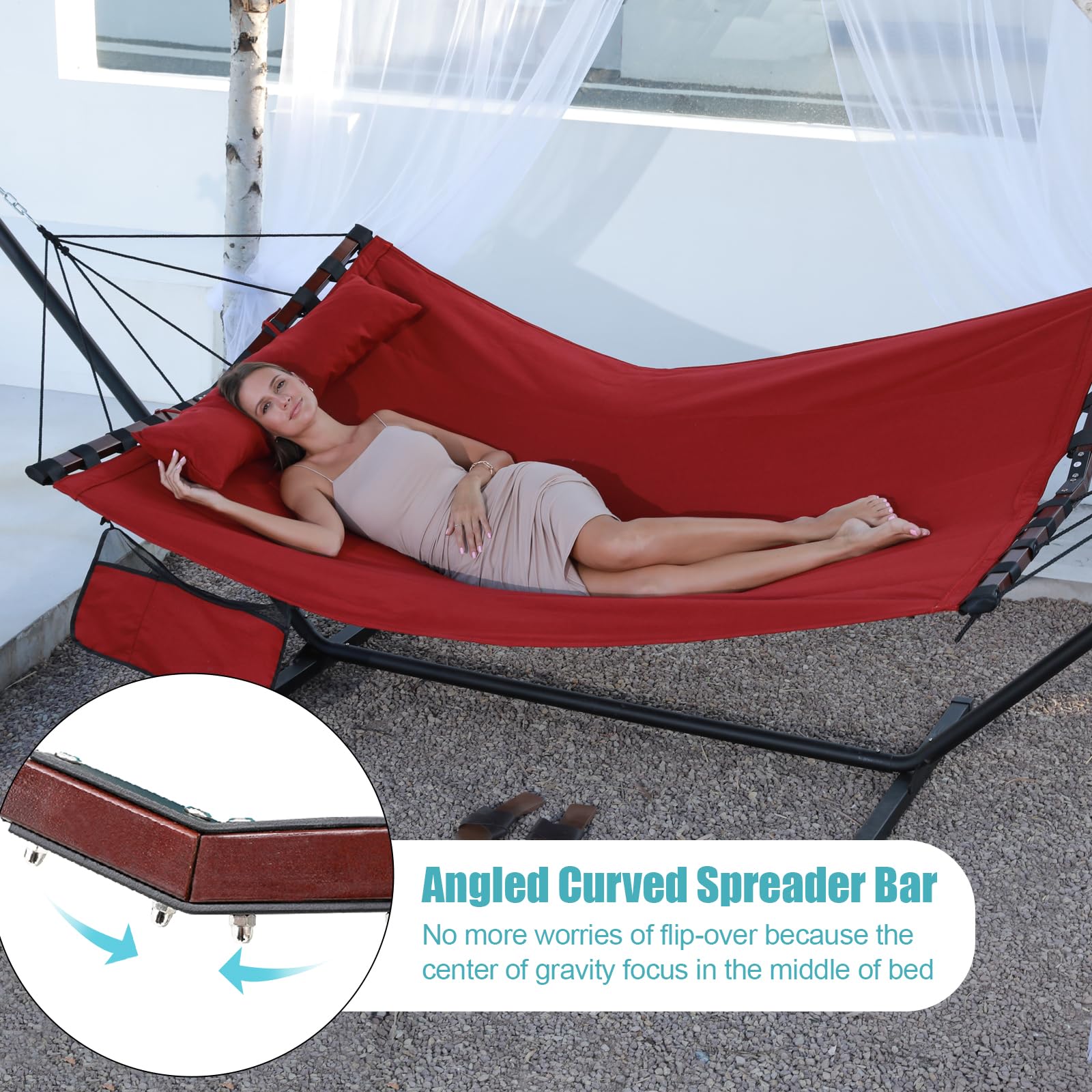 Premium 12FT 2-Person Hammock with Stand - 55 x 79IN Outdoor Hammock 450LB Capacity - Hardwood Spreader Bar & Durable Nylon Rope - Perfect for Backyard, Patio, Garden, Beach & Camping - Red Relaxation Hammock for Outdoor Lounging & Vacation Getaways
