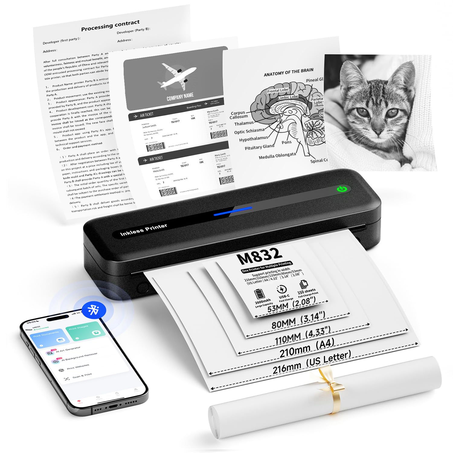 Itari Wireless Portable Printer - Bluetooth Thermal Printer for Android & iOS, Compact Inkless Printer for Travel, Home, School, Office (Supports A4 & US Letter) - Print Receipts, Labels & Documents On-The-Go