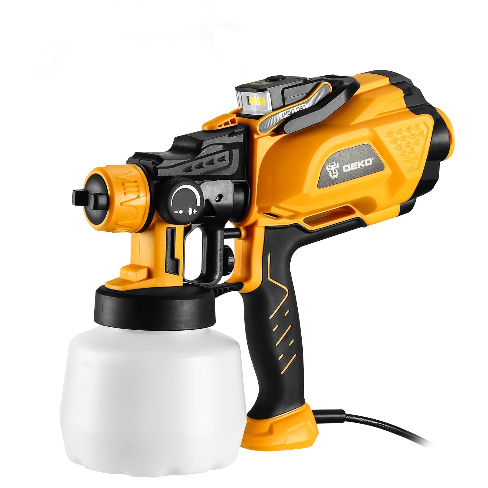 DEKOPRO HVLP Electric Paint Spray Gun with 1200ml Container, LED Light, 3 Copper Nozzles & 3 Spray Patterns - Powerful Sprayer for Fence, Furniture, Walls, Cabinets, Car & Garden Painting (DKSG60K1) | Perfect for DIY Home Projects, Professional Woodworking & Auto Detailing