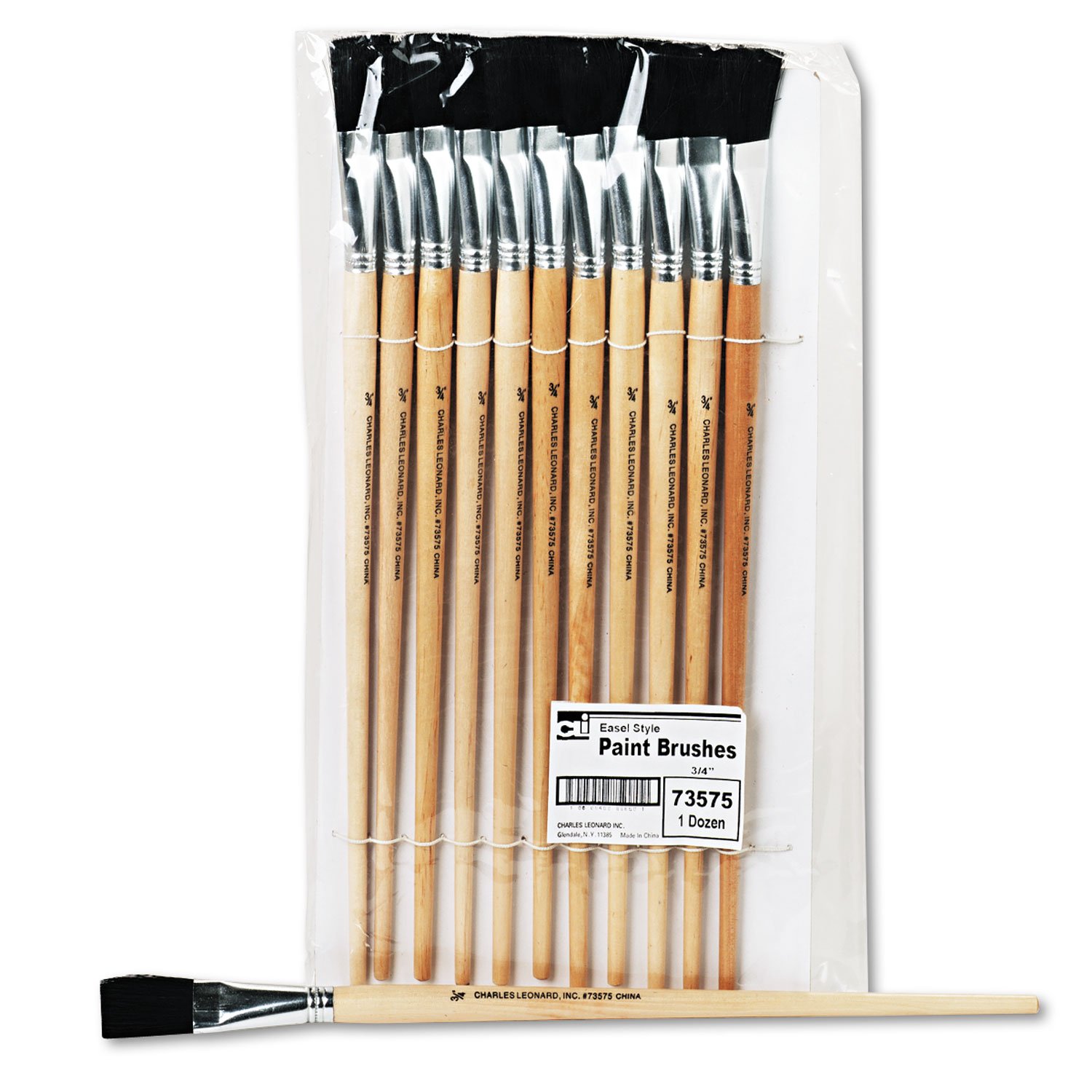 Charles Leonard Flat Tip Easel Paint Brushes 12-Pack - 0.75 Inch Natural Wood Handle with Black Bristles for Acrylic, Oil & Watercolor Painting - Perfect for Artists, Students & Classroom Use (73575)