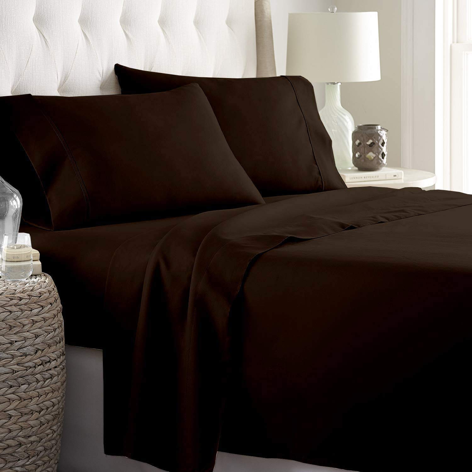 Premium Giza Cotton Sheet Set (5-Piece) - Split Queen Size, Ultra-Soft & Breathable Bedding - Chocolate Solid Color - Perfect for Luxury Hotels, Master Bedrooms & Guest Rooms