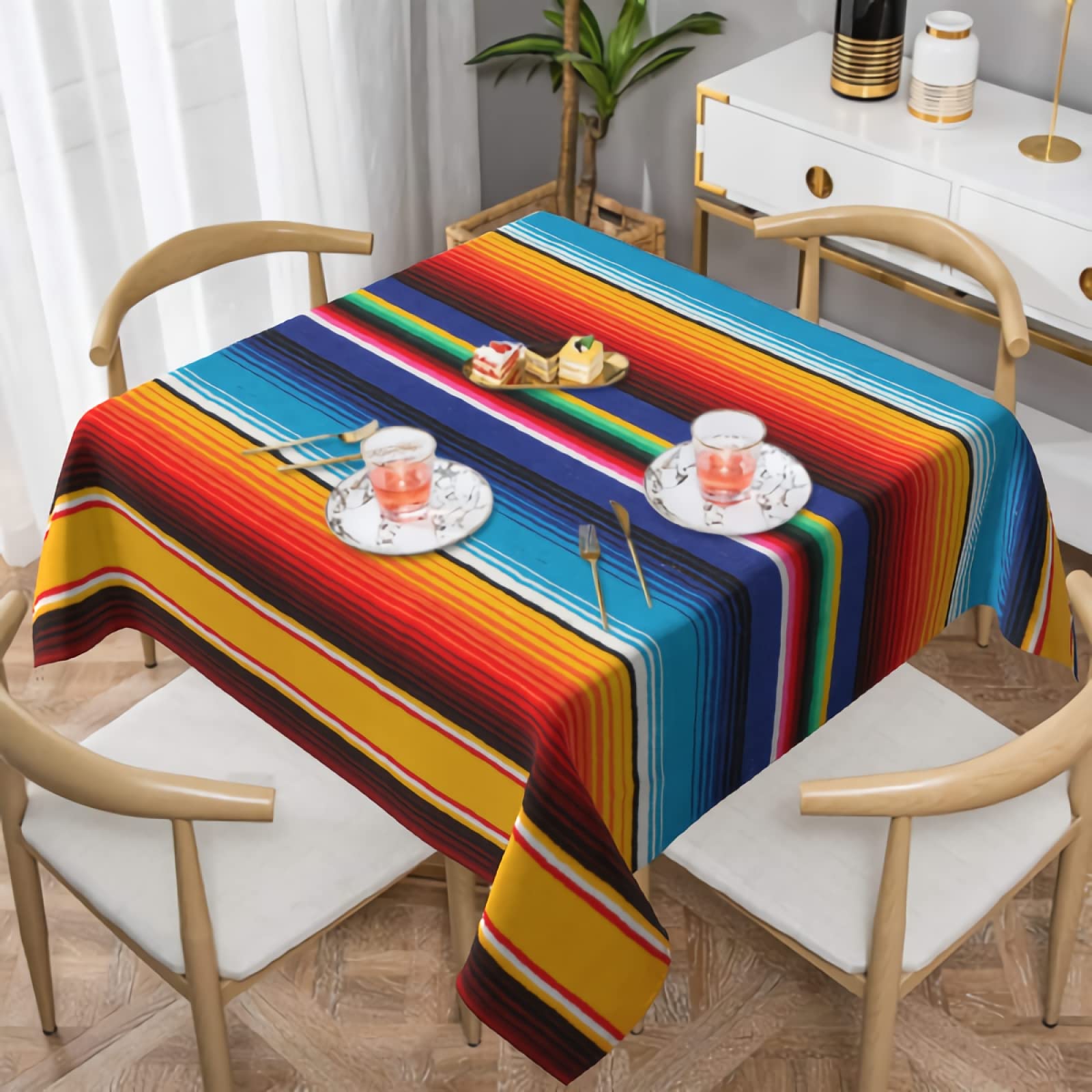 Colorful Mexican Stripes Square Tablecloth - Waterproof, Spill Proof & Wrinkle Free - 54 x 54 Inch Mexican Blanket Table Cover for Camping, Picnic, Outdoor Dining & Home Decor