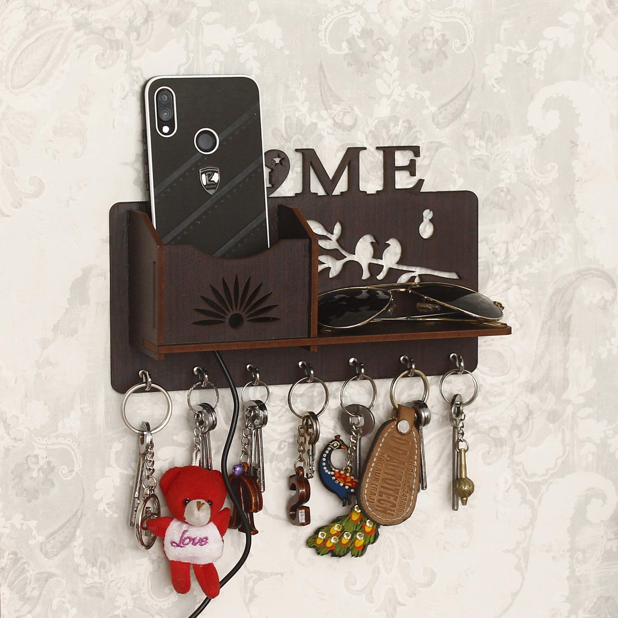 CAPIO ART Wooden Key Holder Wall Mount with 7 Hooks - Stylish Home & Office Key Organizer with Self Storage - Decorative Brown Wood Wall Hanger for Keys, Mail, Hats & Small Accessories - Perfect for Entryway, Mudroom & Hallway Organization
