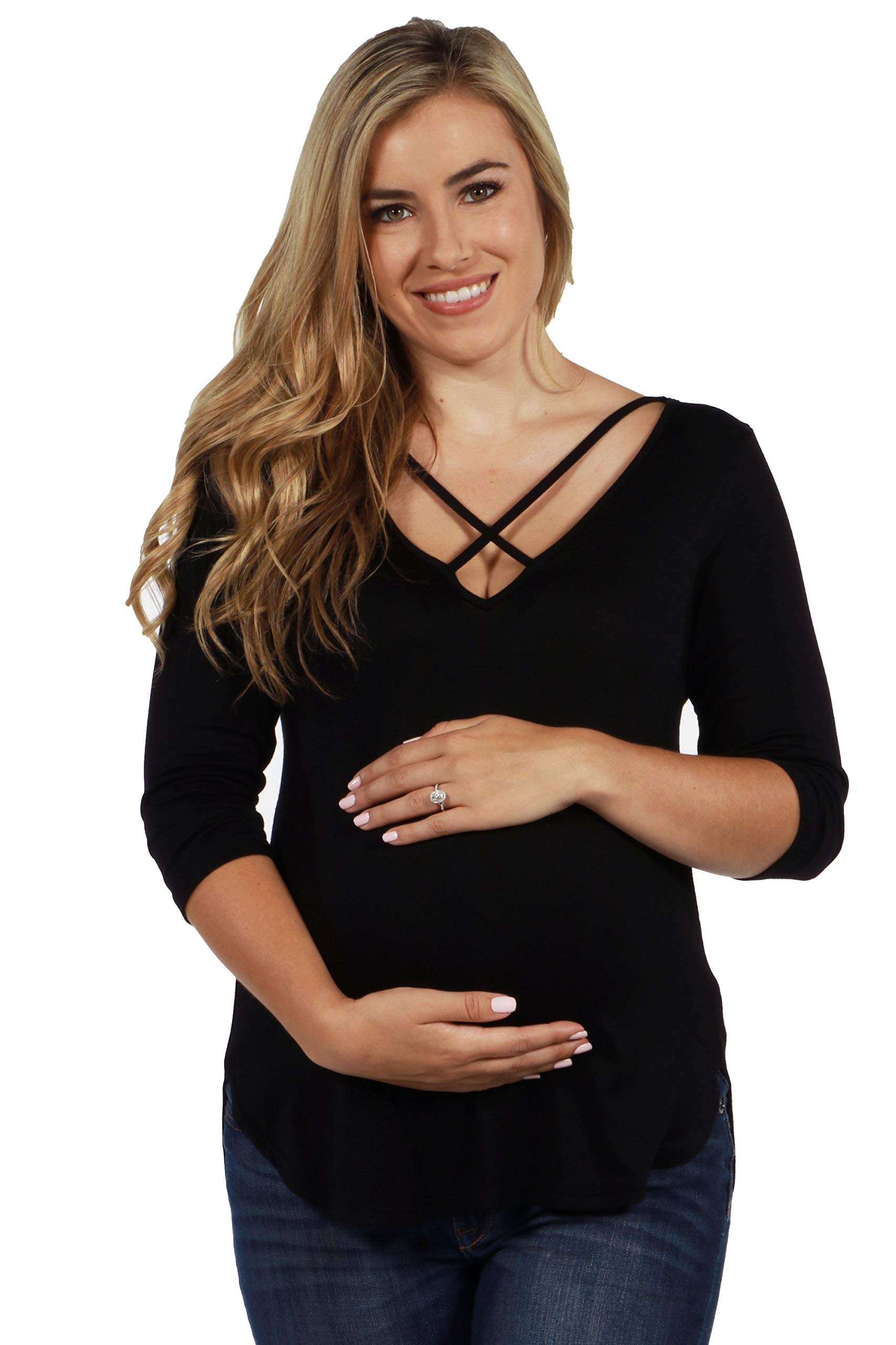24Seven Comfort Apparel Criss Cross Round Hemline Maternity Tunic Top - Soft Stretchy Pregnancy Shirt for Women | Perfect for Work, Casual Wear & Maternity Photos