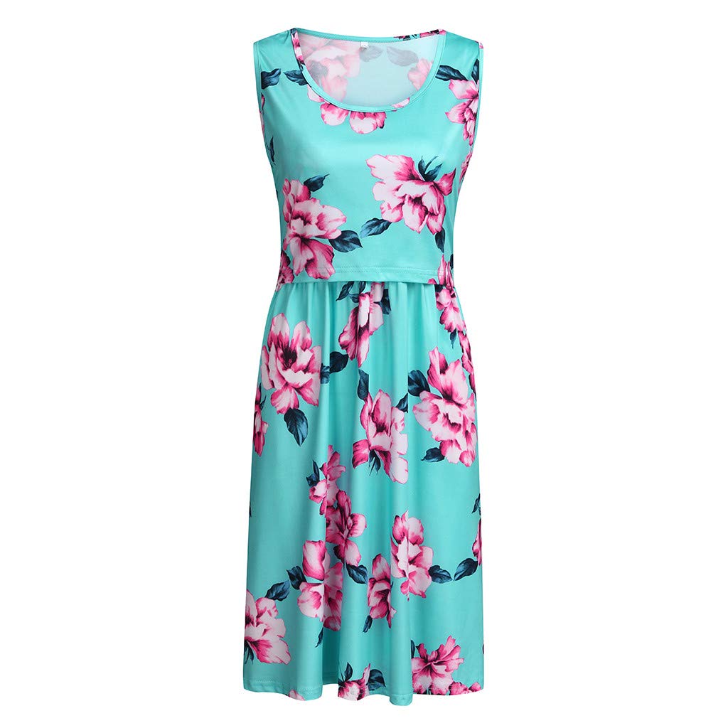 Floral Maternity Dress for Summer - Sleeveless Nursing Dress with Pockets - Comfortable Breastfeeding Dress for Pregnant Women - Perfect for Outdoor Picnics, Baby Showers and Summer Vacations