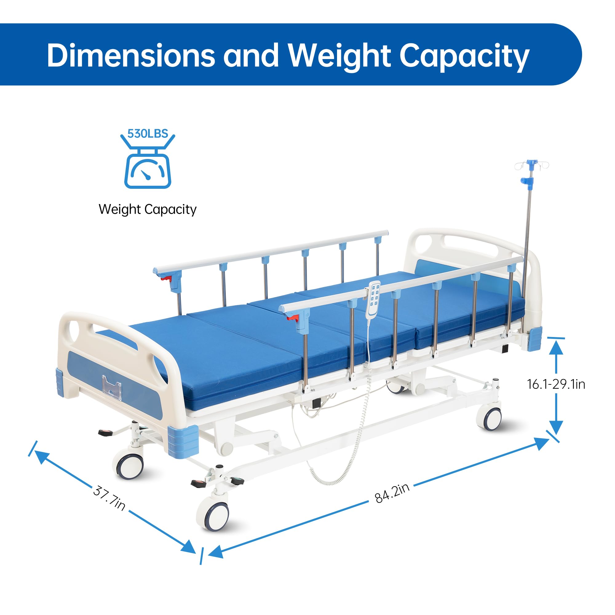 Electric Adjustable Hospital Bed with 3 Functions, 5-Inch Locking Casters - 530LBS Weight Capacity, Includes IV Pole, Bed Tray & Mattress - Ideal for Home Care, Patient Recovery & Medical Facilities