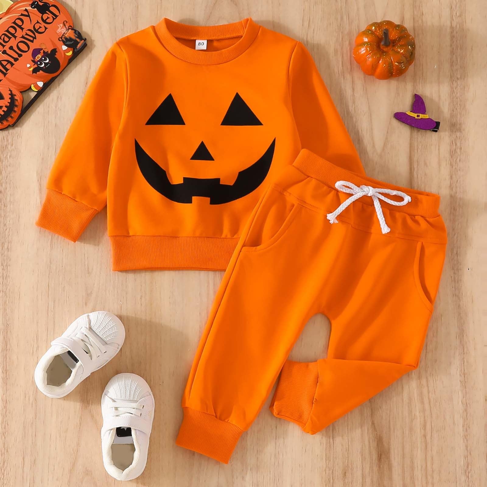 Baby Boy Halloween Thanksgiving Outfit - Pumpkin Print Sweatshirt & Pants Set for Toddlers | Fall Winter Warm Clothes | Perfect for Holiday Photos & Family Gatherings
