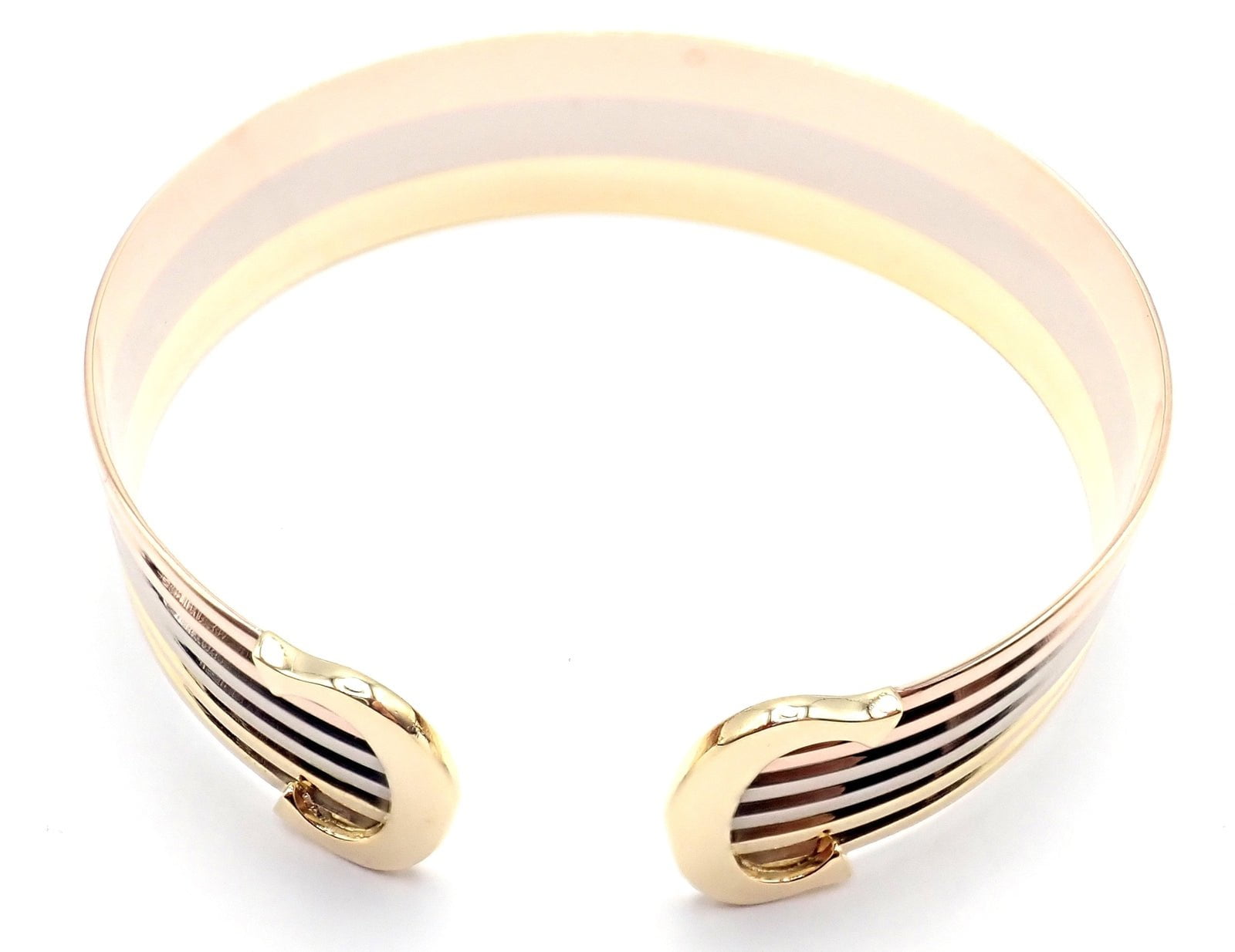 Authentic Cartier 18k Tri-Color Gold Double C Wide Cuff Bangle Bracelet for Women - Luxury Jewelry Gift for Anniversary, Birthday & Special Occasions