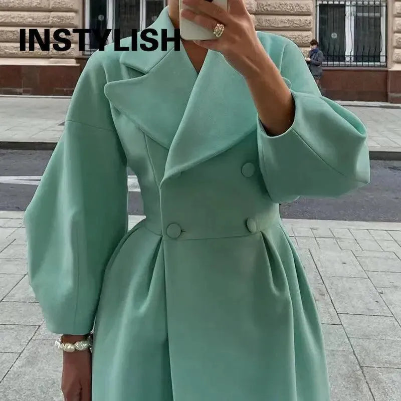 Women's Lantern Sleeve Overcoat - Elegant Long Trench Coat with Flared Sleeves for Fall & Winter | Perfect for Office, Date Night & Special Occasions