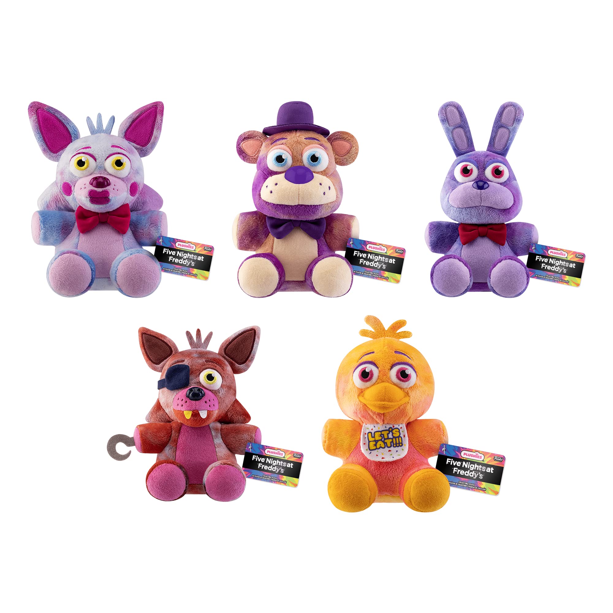 Funko Plush Five Nights at Freddy's (FNAF) Tie-Dye 5-Pack - Freddy, Bonnie, Chica, Foxy & Funtime Foxy Stuffed Animals | Collectible Plush Toys for FNAF Fans, Birthday Gifts & Room Decor