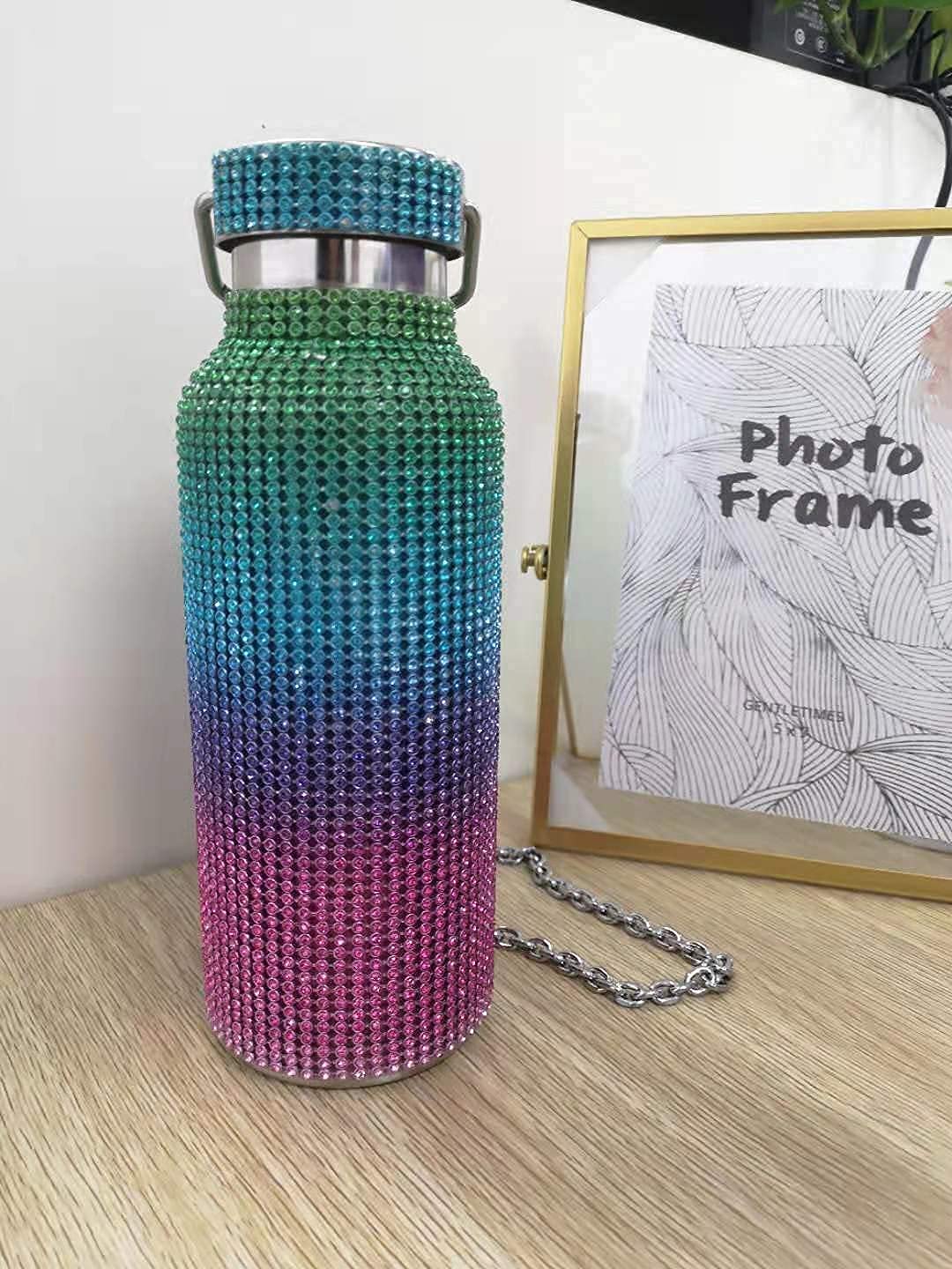 **Stainless Steel Insulated Water Bottle with Rhinestone Inlay - 12/17/25oz (500ml) - Diamond Design, Thermal Insulation, Includes Chain - Perfect for Gym, Hiking & Travel**