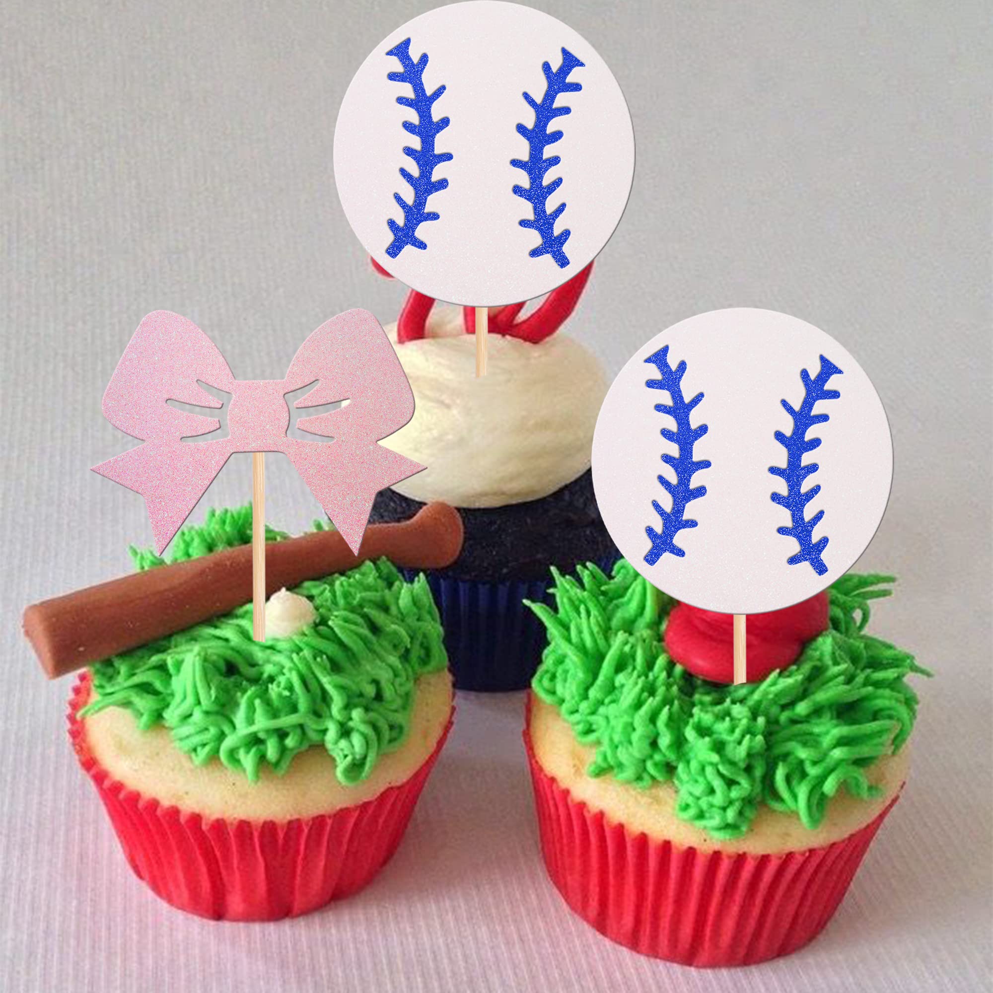 24 PCS Glitter Baseball & Bow Cupcake Toppers - Gender Reveal Party Supplies for Baby Shower, Birthday Cake Decorations (Boy or Girl Theme) - Perfect for Gender Reveal Parties, Baby Showers & Birthday Celebrations