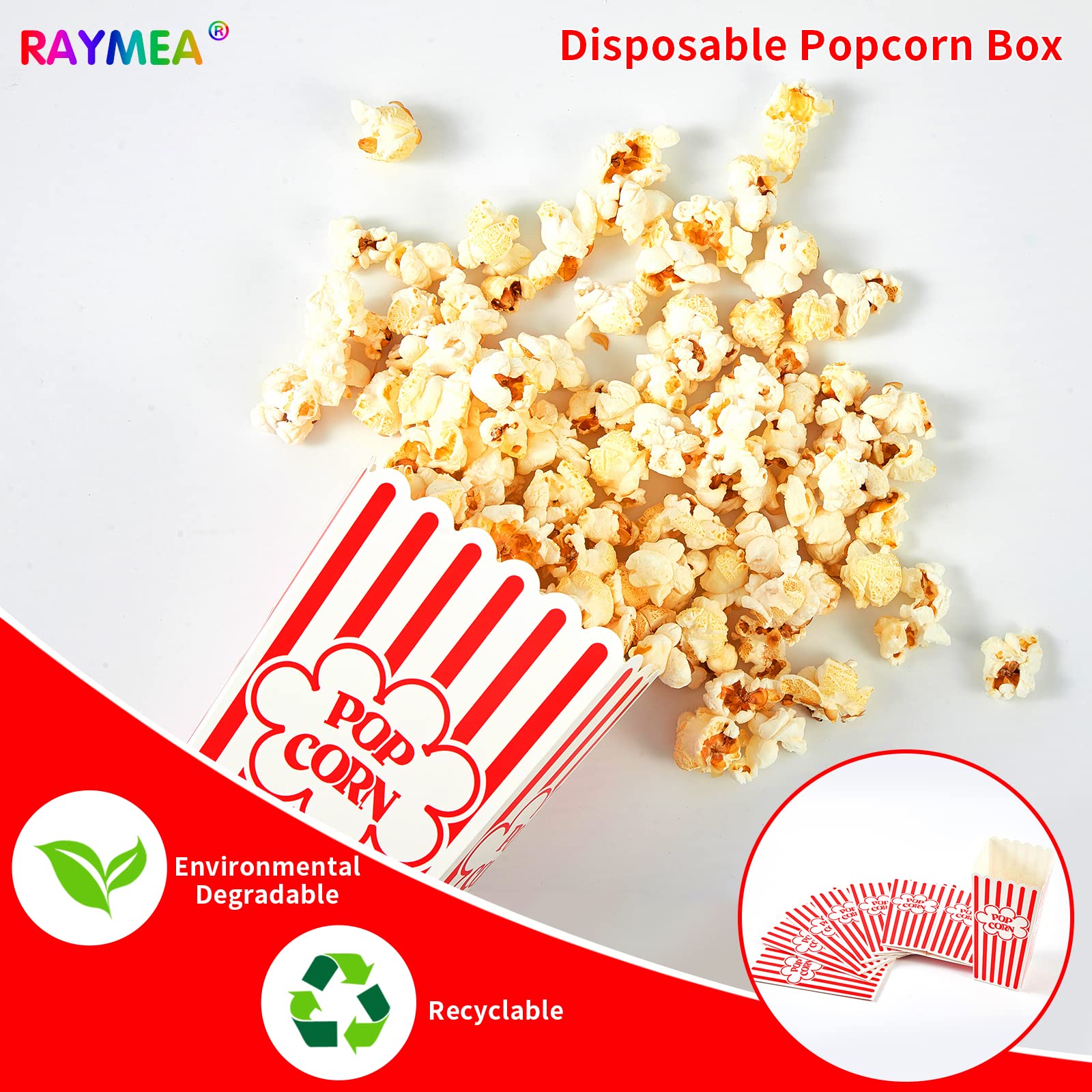 RAYMEA 46 Oz Disposable Popcorn Containers - 28 Pack Red & White Striped Cardboard Popcorn Boxes for Movie Theater, Birthday Parties, and Carnival Events - Bulk Popcorn Holders for Snacks, Concessions, and Home Movie Nights