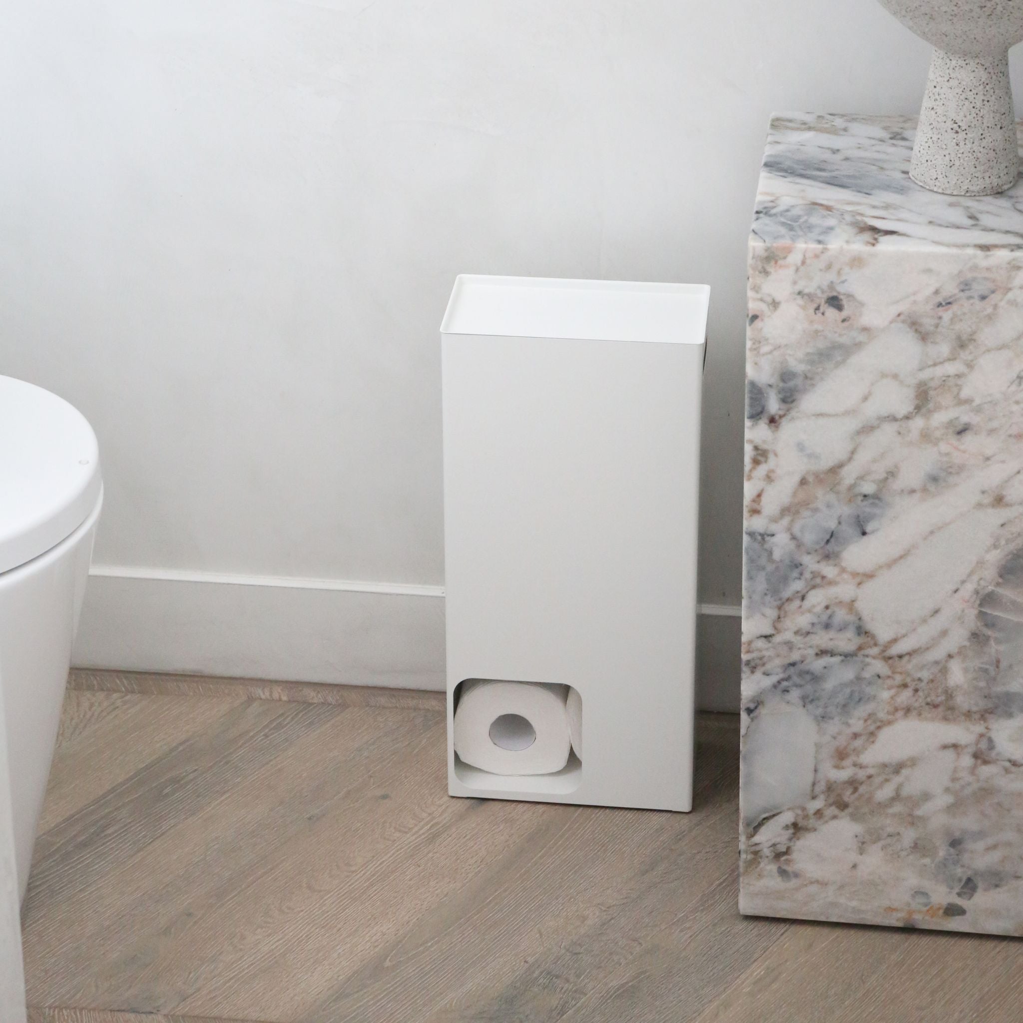 YAMAZAKI White Toilet Paper Holder & Storage Stand - Space-Saving Bathroom Organizer for Small Spaces, Modern Home Decor