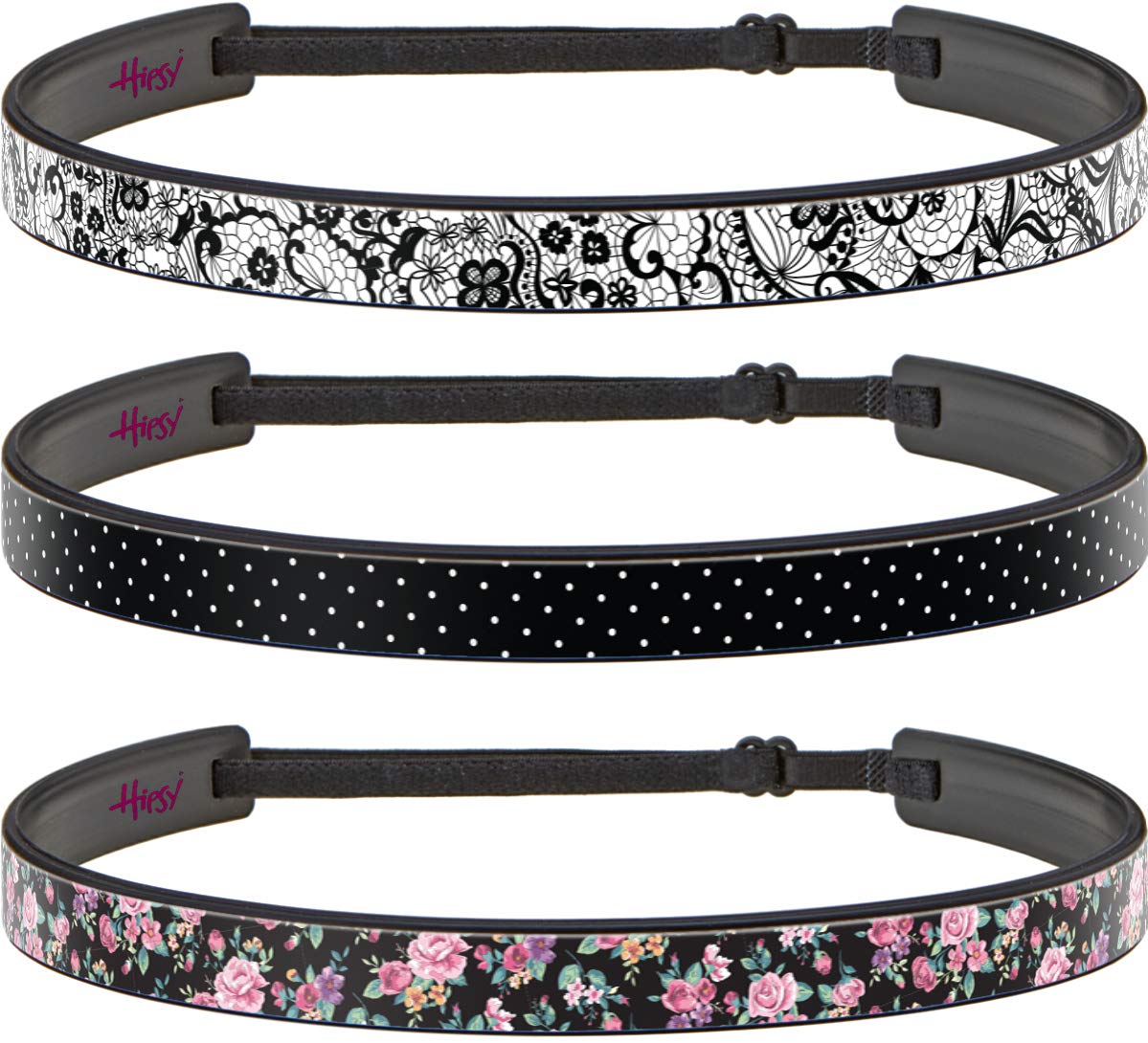 Hipsy Blades Adjustable No Slip Floral Headbands for Women, Girls & Teens - 3 Pack (Black Floral, Pin Dots, Lace) - Perfect for School, Work, Sports & Everyday Fashion Accessories