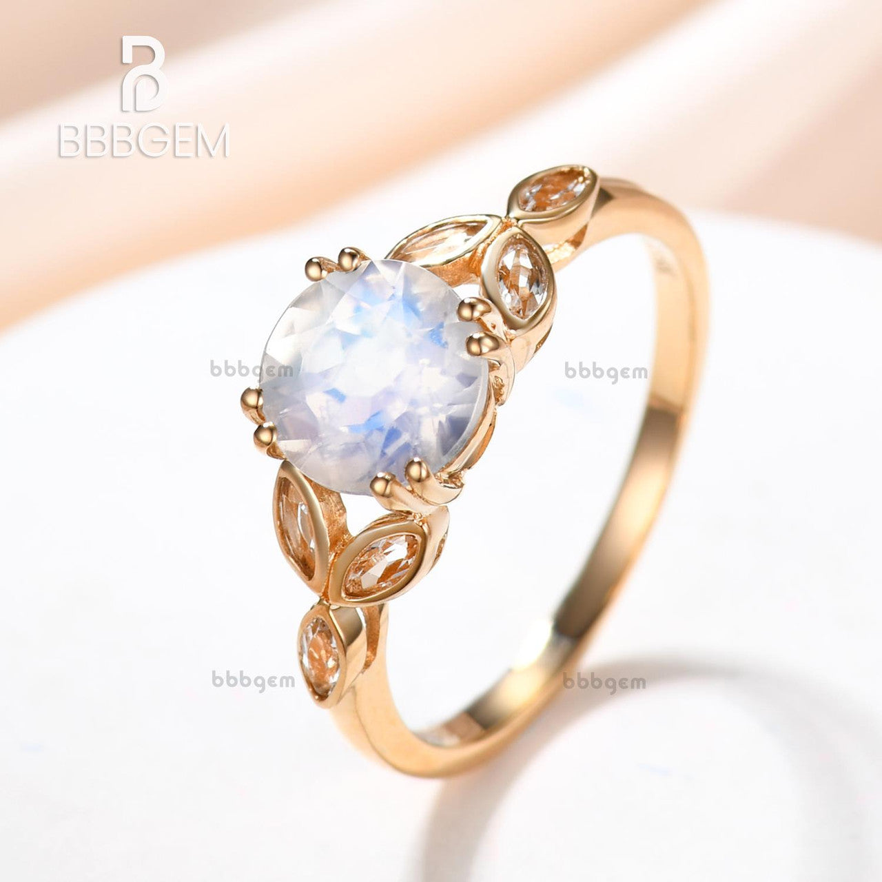 6.5mm Round Cut 1 Carat Moonstone Engagement Ring with Marquise Aquamarine & Clover Leaf Sidestones - Perfect for Proposals, Weddings & Anniversary Gifts