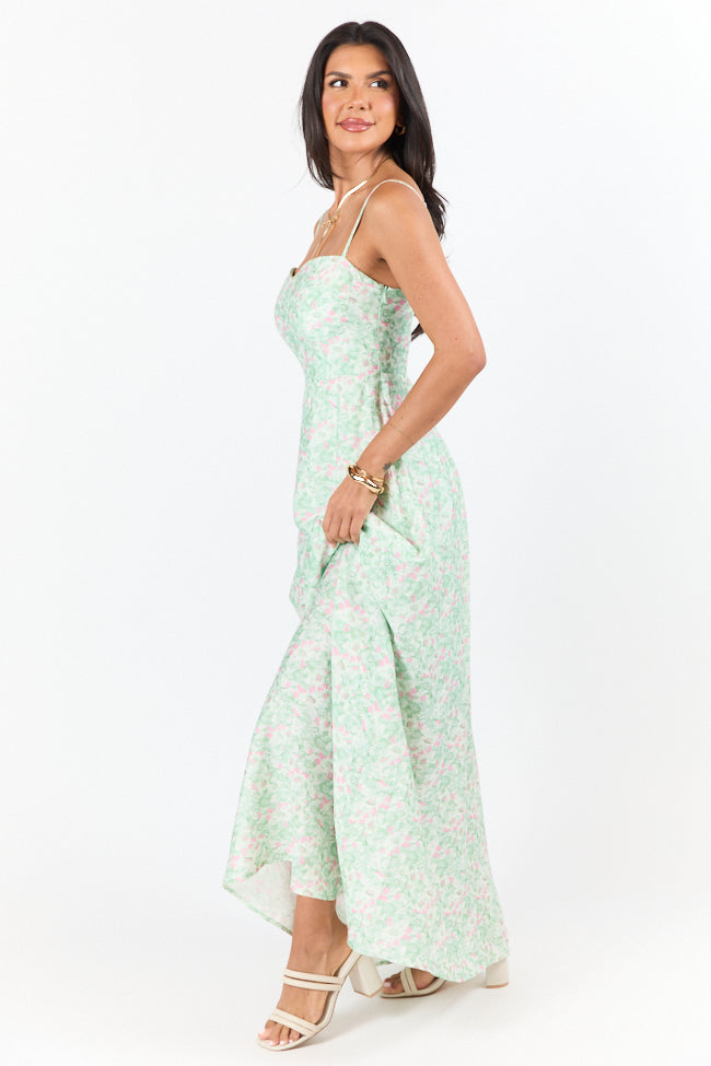 Elegant Pink and Green Floral Print Maxi Dress for Women | Summer Beach Wedding Party Dress | Perfect for Vacations, Date Nights & Outdoor Events