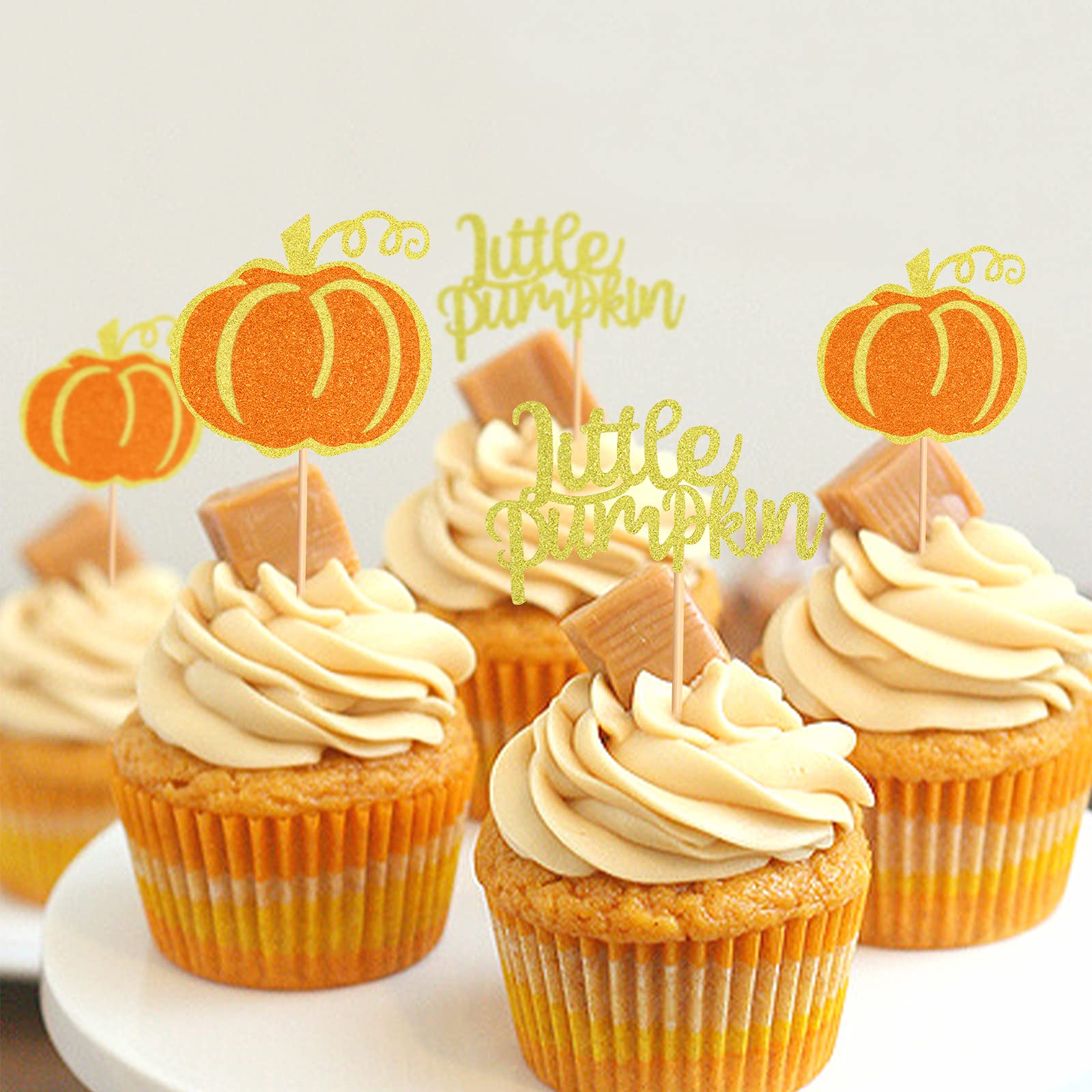 24 Pack Little Pumpkin Cupcake Toppers - Baby Shower & Birthday Party Decorations - Gender Reveal Cupcake Picks for Fall, Halloween, Thanksgiving & Autumn Celebrations