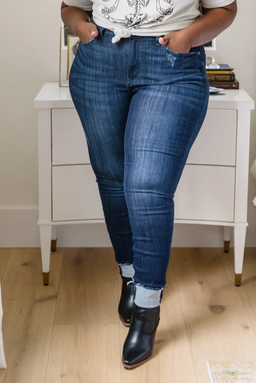 Maeve Mid Rise Dark Wash Cuffed Skinny Jeans for Women - Stretchy Denim Pants, Slim Fit, Comfortable Everyday Wear for Work & Casual Outings