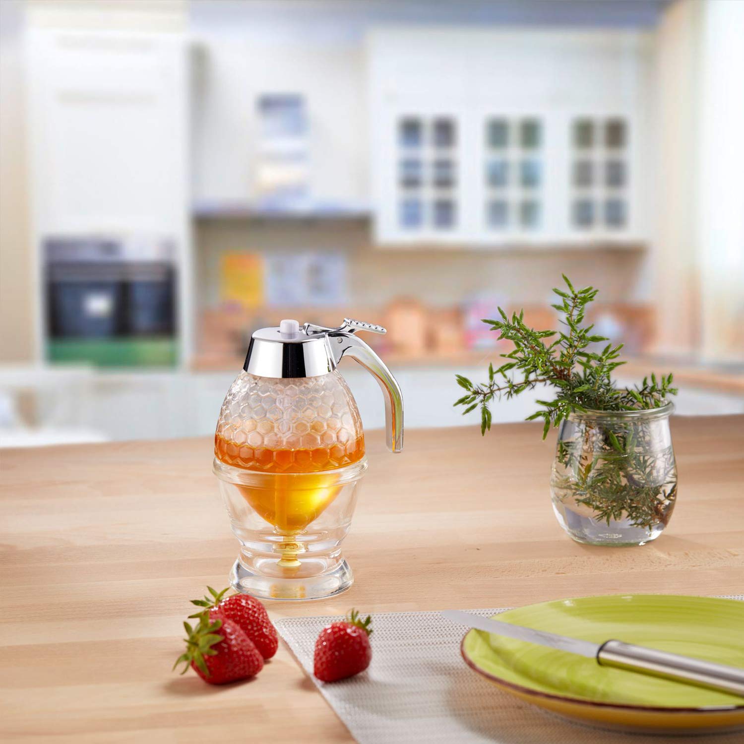 Westmark Honey Dispenser Deluxe - 200 mL/6.8 oz Clear Glass Honey Drizzler with Drip-Free Spout | Perfect for Tea, Coffee, Pancakes & Baking | Kitchen & Breakfast Essential