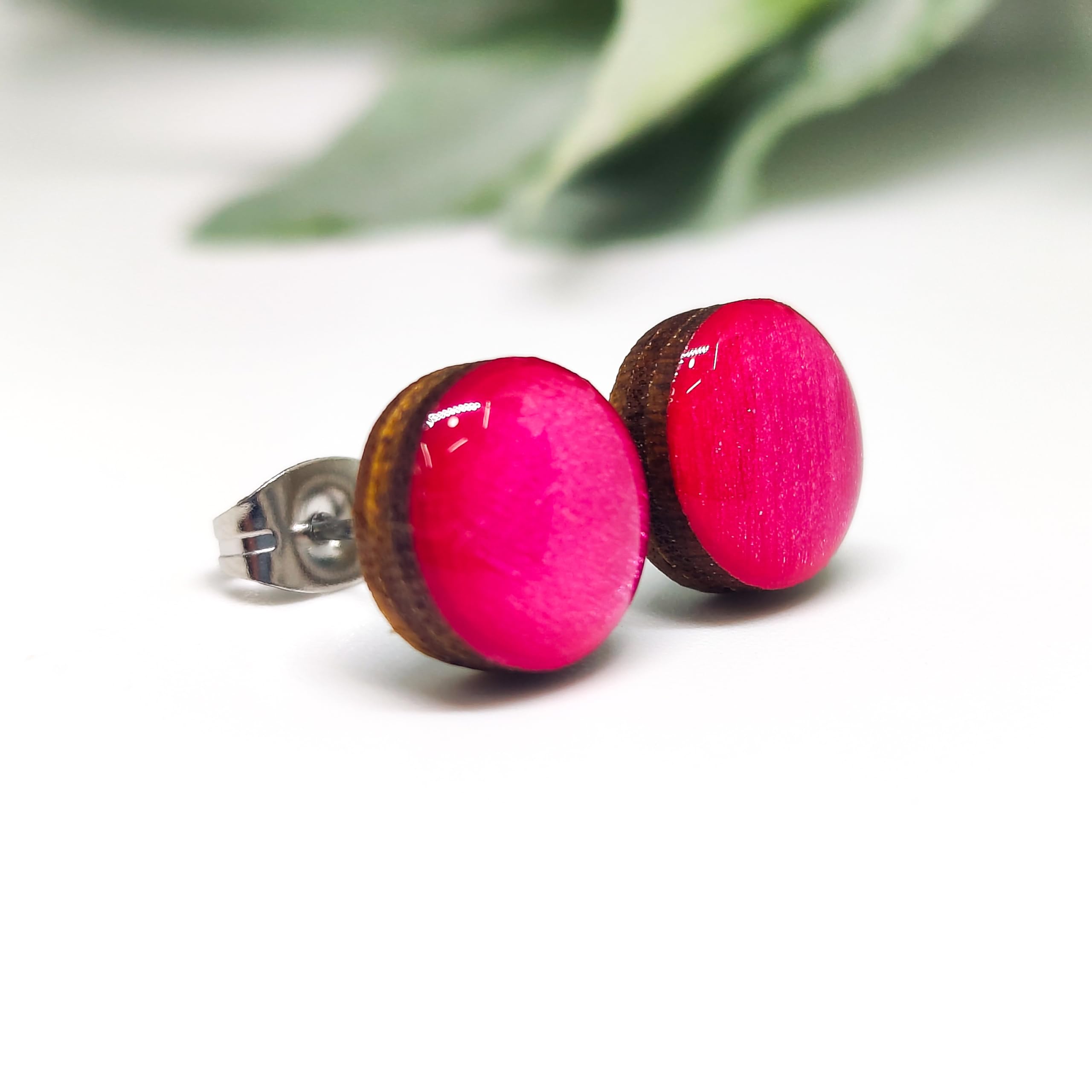 Handmade Stud Earrings for Women & Men - 10mm Shimmer Stainless Steel Earrings for Sensitive Ears | Hot Pink Shimmer | Perfect for Daily Wear, Parties & Gifts
