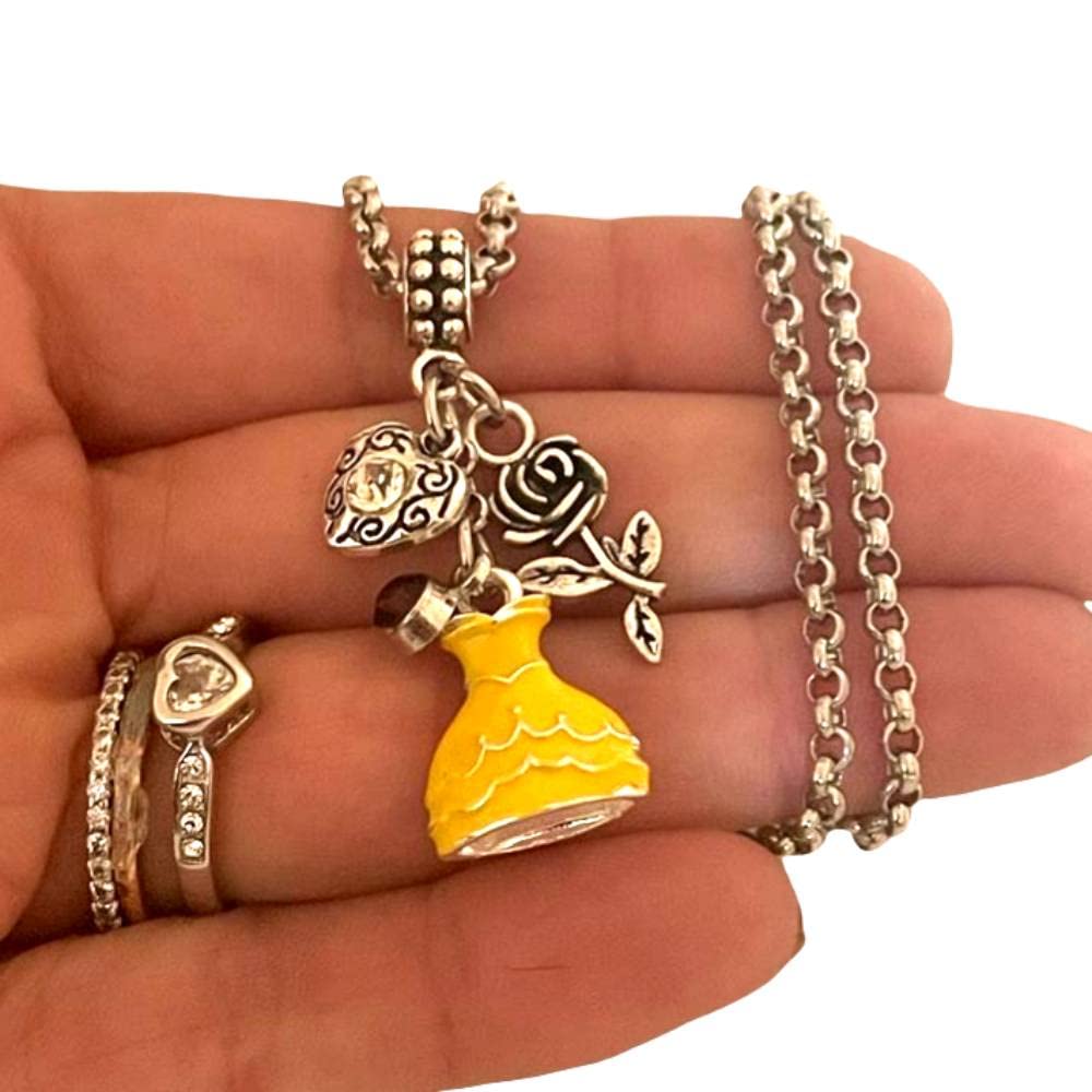 Enchanted Rose Belle Charm Bracelet Necklace Set - Elegant Jewelry for Girls & Women - Perfect for Prom, Wedding & Special Occasions