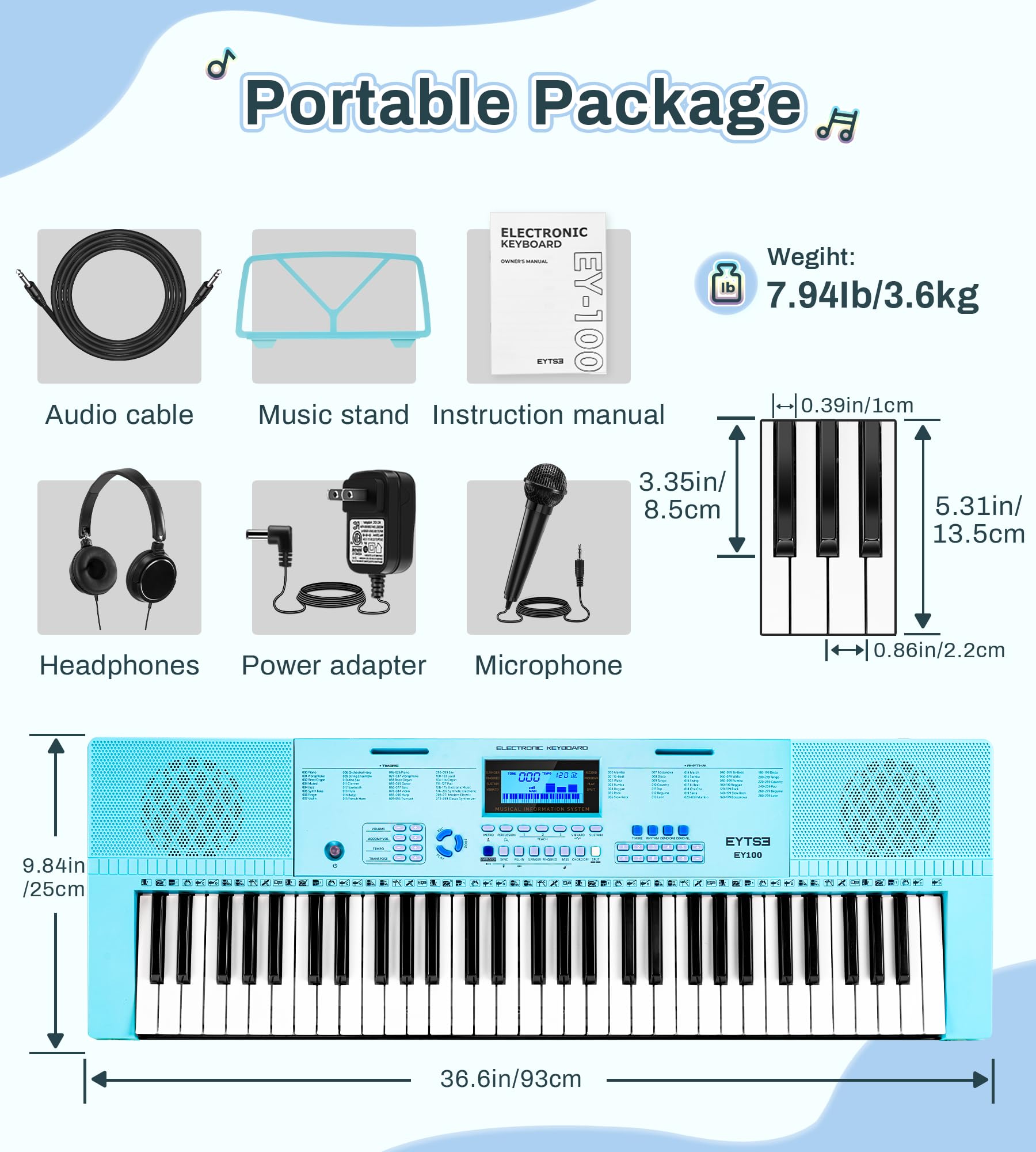 61-Key Electric Piano Keyboard for Beginners - 350 Tones, 350 Rhythms, 30 Demo Songs with LCD Display & Teaching Modes | Includes Headphones, Music Stand & Microphone | Perfect for Kids Learning Piano at Home (Blue)
