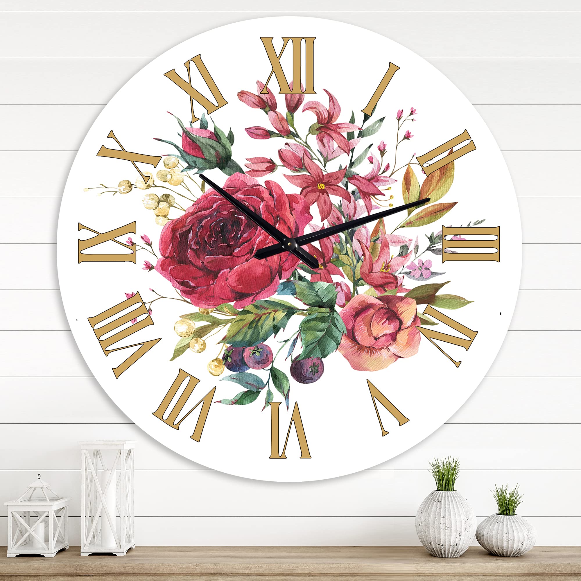 Vintage Burgundy Rose & Wildflowers Farmhouse Wall Clock - Large Floral Botanical Decor for Kitchen, Living Room, Bedroom - Perfect for Rustic Home Decor & Gift Giving