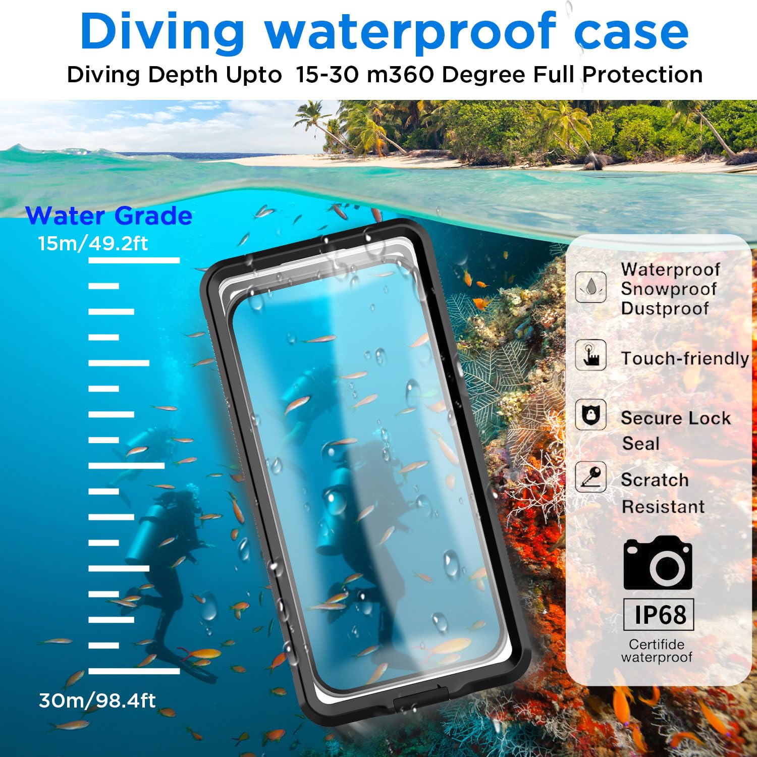 **AICase Waterproof Phone Pouch - Universal Underwater Dry Bag with Self-Check Function for iPhone 15/14/13/12/11, Samsung S24, LG, Google, Xiaomi & Nokia - Perfect for Beach, Snorkeling, Swimming & Outdoor Travel (Black)**