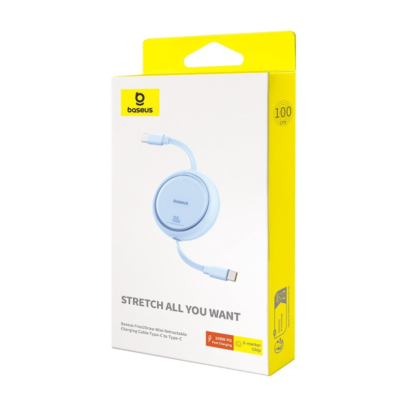 Baseus Free2 Draw Mini 1M 100W Retractable Bidirectional USB-C to USB-C Fast Charging Cable - Blue | Perfect for Travel, Office & Home Charging