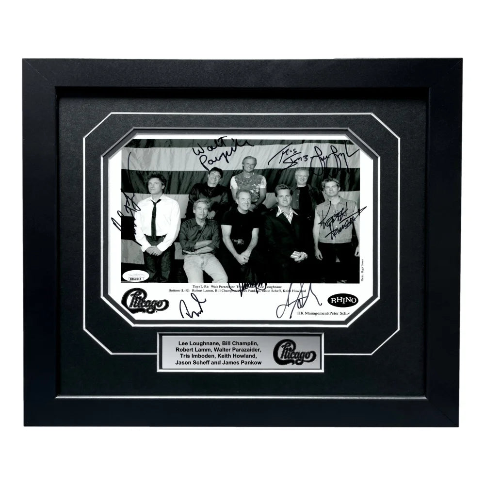 Chicago Band Autographed 8x10 Photo - JSA Certified Framed Collectible with Lamm, Parazaider, Pankow +5 Signatures - Perfect for Music Memorabilia Displays & Fan Gifts