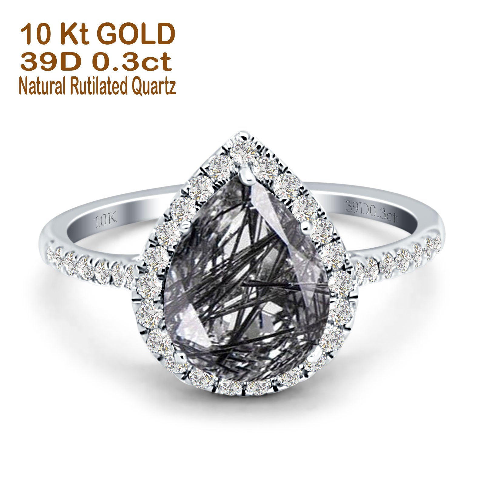 10K White Gold Pear Teardrop Rutilated Quartz & Diamond Halo Ring for Women | Elegant Wedding, Engagement & Anniversary Jewelry Gift