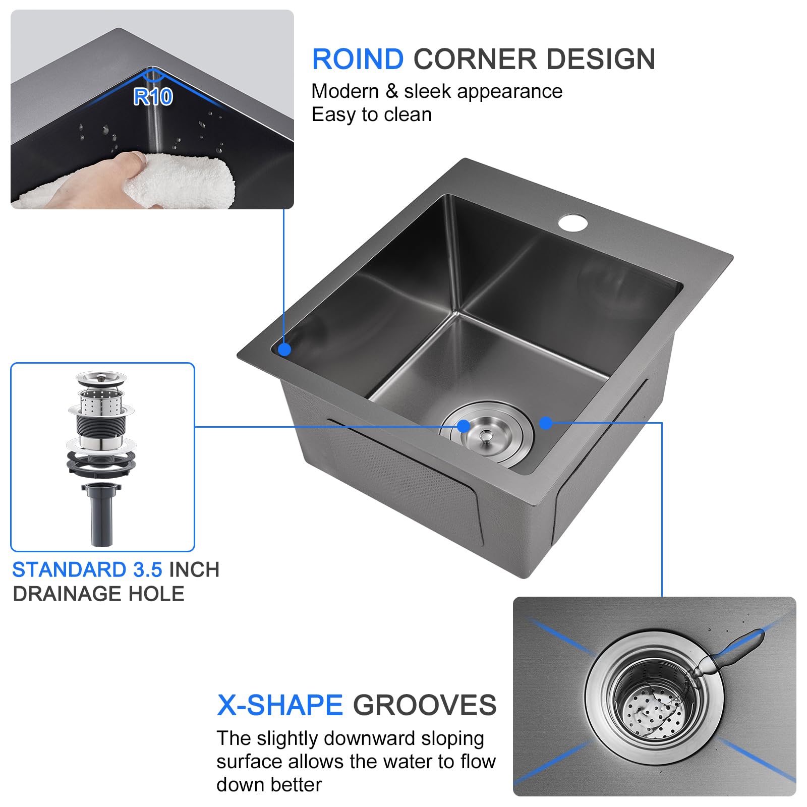15 x 17 Inch Drop-in Kitchen Sink - 18 Gauge Stainless Steel Single Bowl with Single Faucet Hole - Topmount Bar & Prep Sink (Black) - Perfect for Small Kitchens, RV Campers & Food Prep Stations