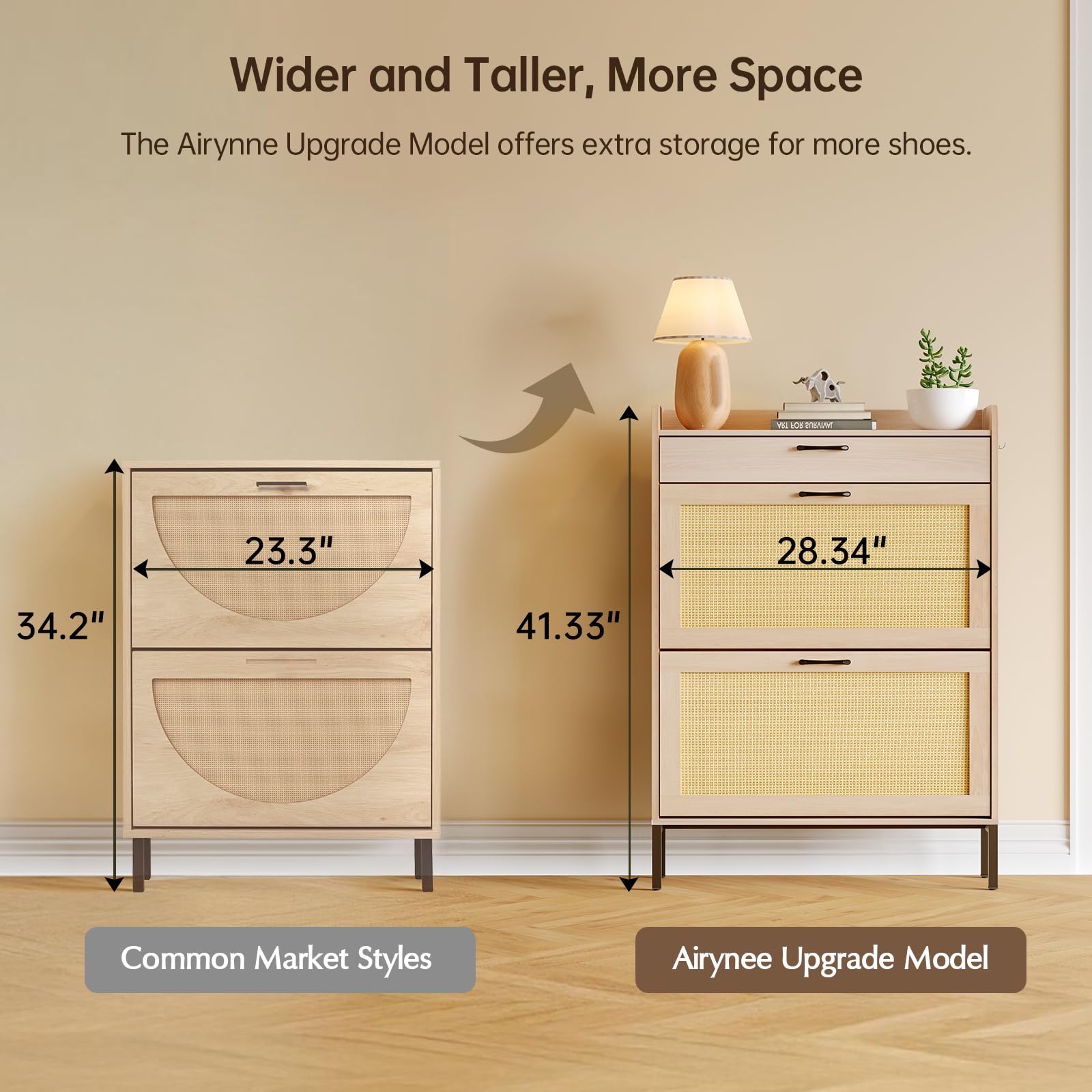 Slim Rattan Shoe Cabinet with 3 Drawers - Freestanding Entryway Organizer for Hallway & Bedroom