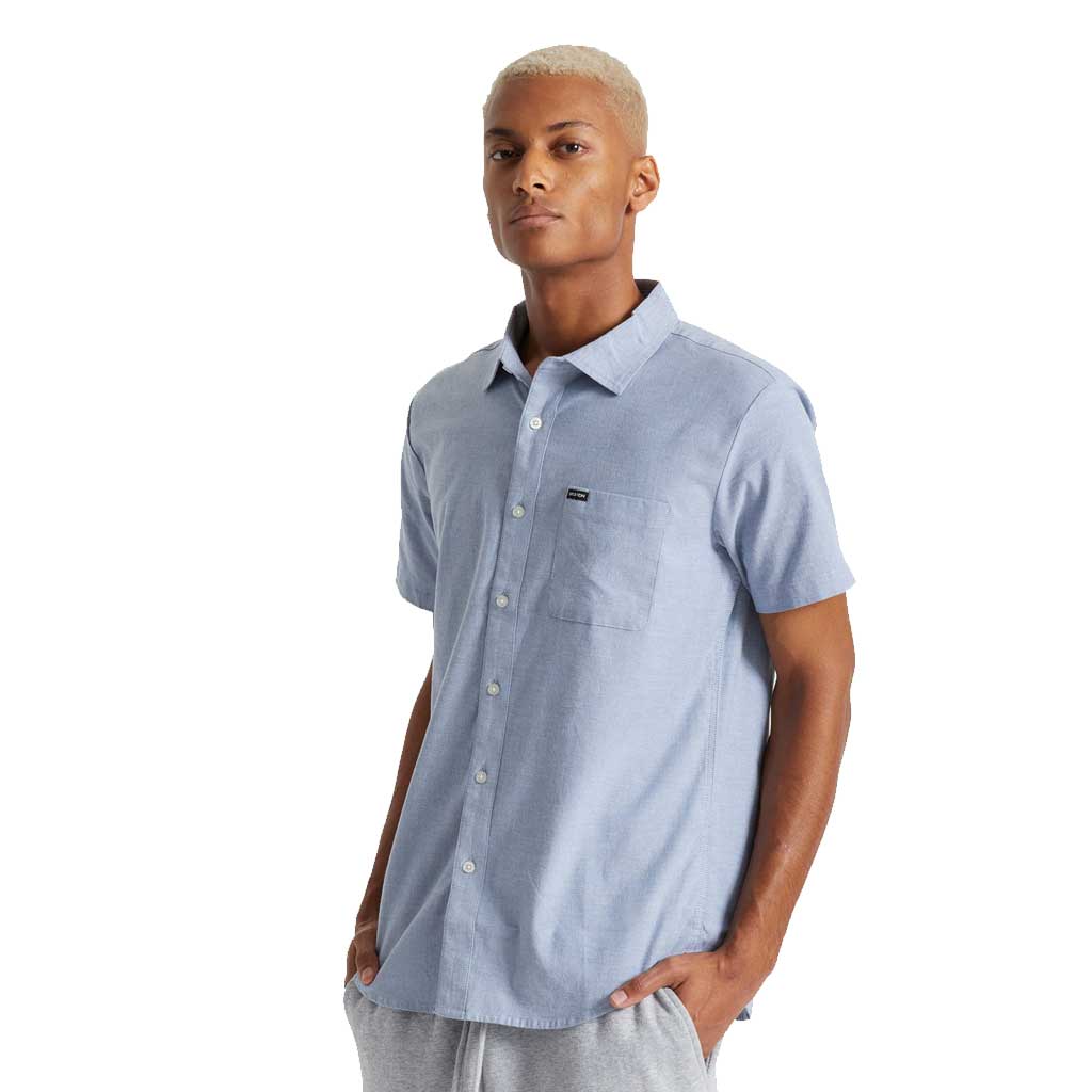 Brixton Charter Oxford Short Sleeve Woven Shirt - Light Blue Chambray for Men | Casual Summer Wear & Office Style