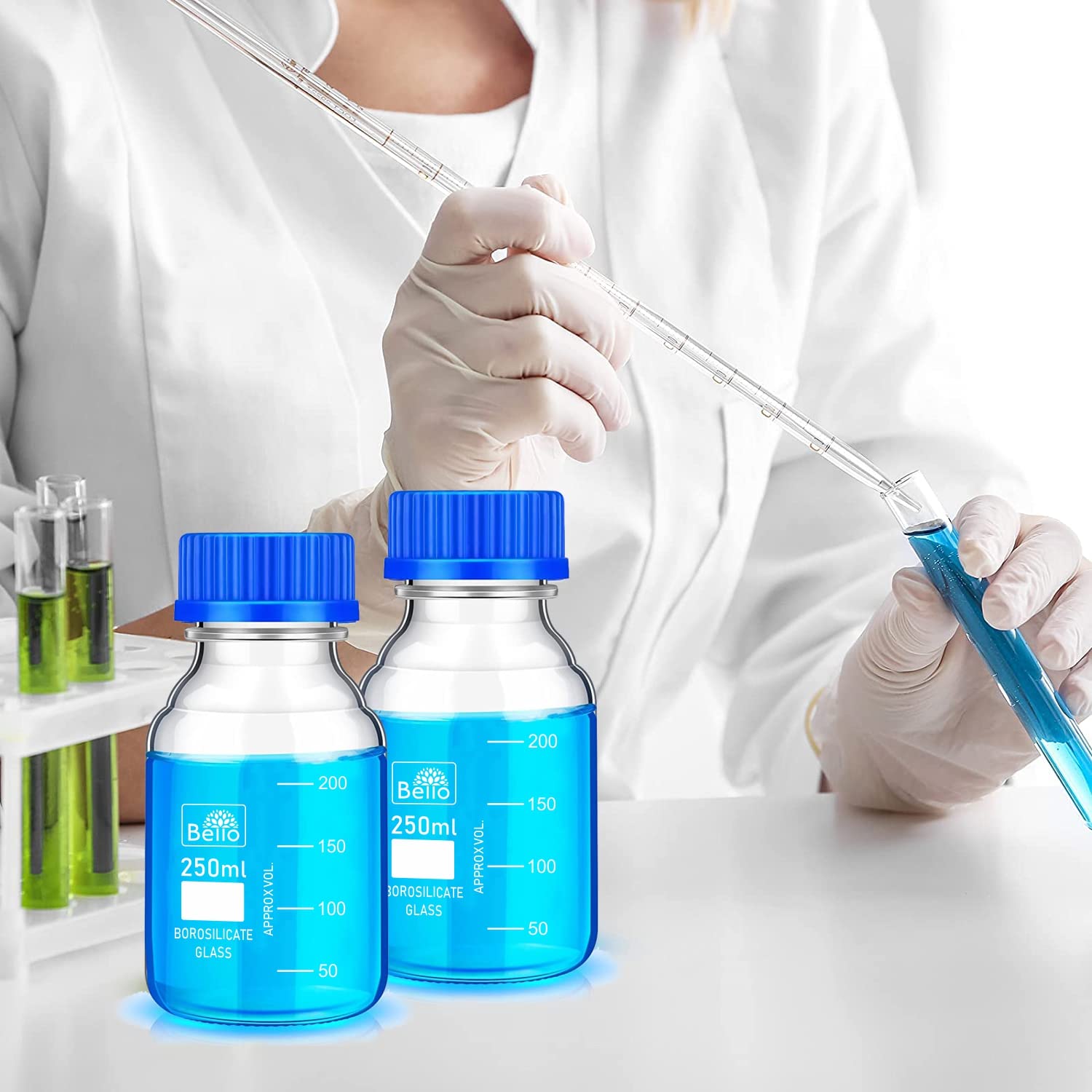 Premium 100ml Borosilicate Glass Measuring Beaker & Reagent Bottle Set with Leak-Proof Blue Screw Cap - 2-Pack for Chemistry Lab, Scientific Experiments, Kitchen Measuring & Professional Use - Ideal for Liquid Measurement, Mixing Solutions & Precise Pouring