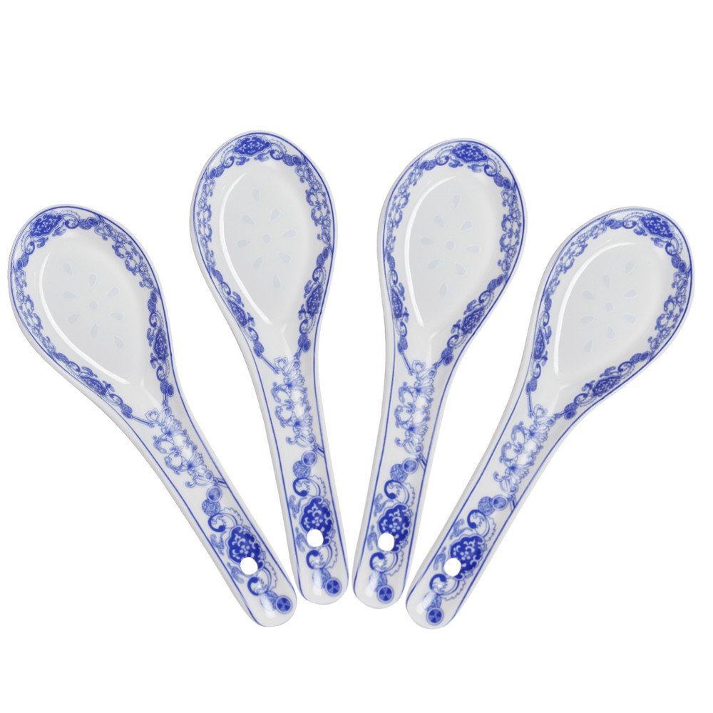Porlien 4-Piece Blue Floral Porcelain Chinese Knot Soup Spoon Set - 5 Inch Elegant Asian Dining Utensils for Soup, Dessert & Tea Ceremonies