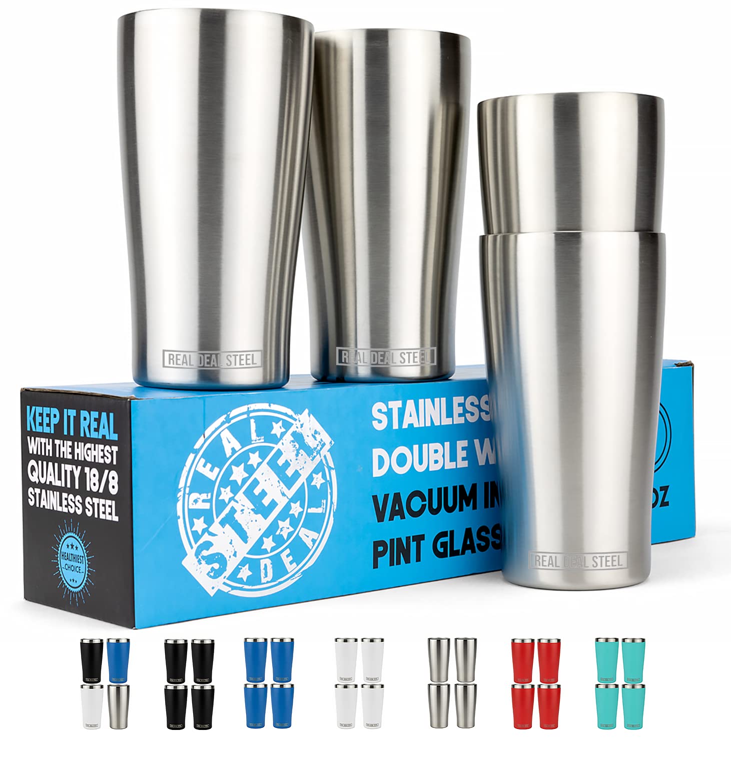 Premium Stainless Steel Vacuum Insulated Pint Glasses Set of 4 - 16oz Double-Walled Beer Mugs for Iced or Hot Drinks - Perfect for Camping, BBQs, and Outdoor Parties