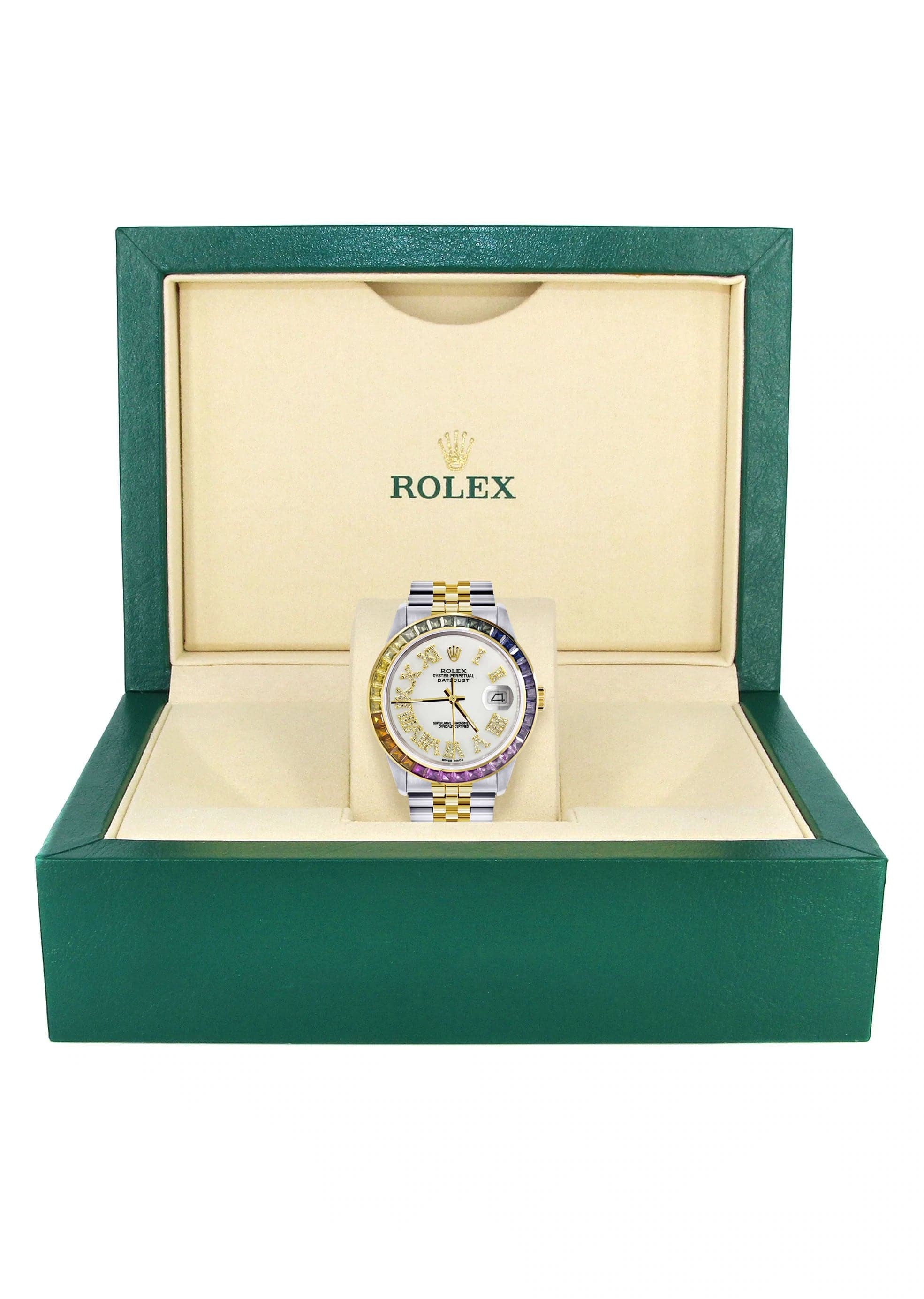 Luxury Diamond Gold Rolex Watch for Men 16233 | 36mm Rainbow Sapphire Bezel | Diamond White Roman Dial | Jubilee Bracelet | Perfect for Formal Events & Luxury Gifts