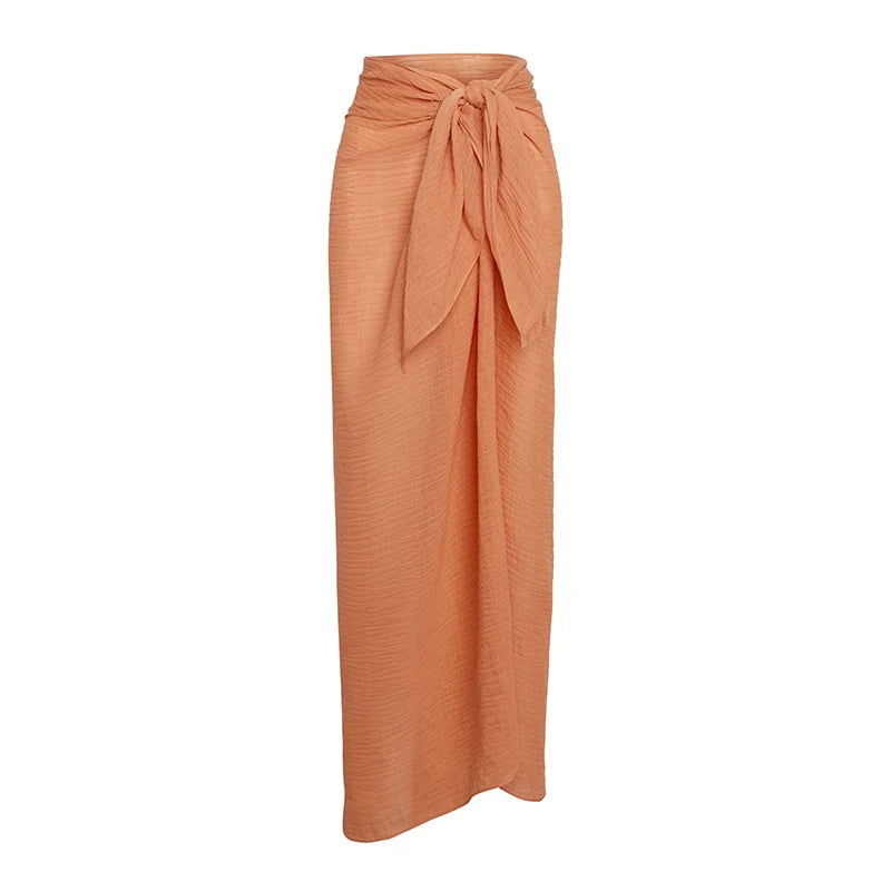 Women's Beach Cotton Linen Long Skirt Set with Lace-Up Cardigan & High Slit Knot Skirt - 2 Piece Summer Vacation Outfit (Brown) | Perfect for Beach Getaways, Tropical Vacations & Boho Fashion Styling